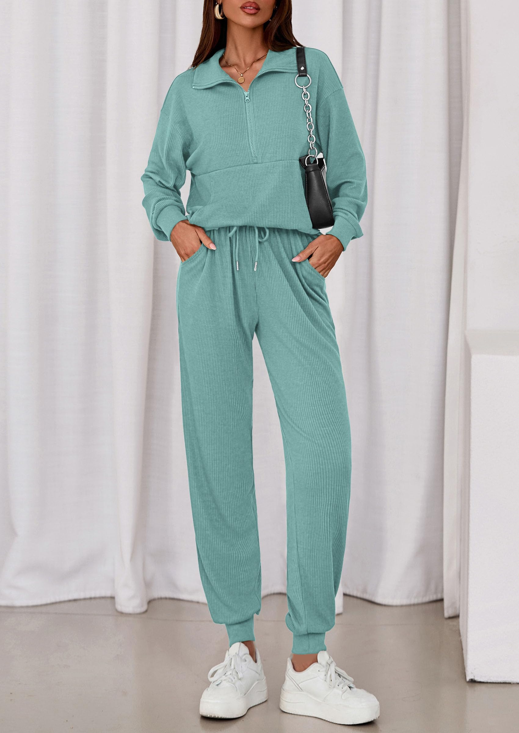 Airport Travel Outfit Women Ribbed Knit Matching Lounge Sets