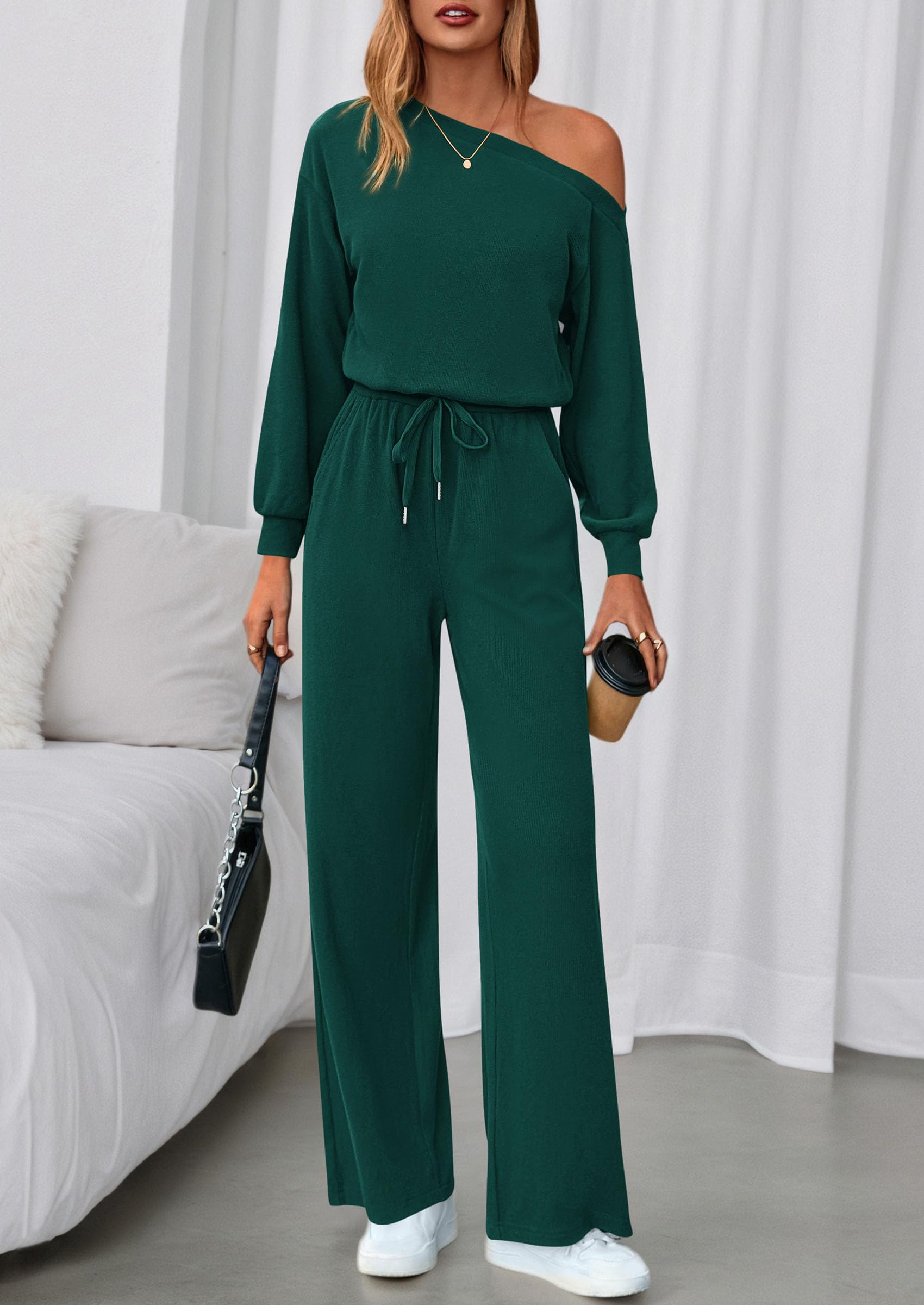 Womens Off Shoulder Long Sleeve Jumpsuit,Dark Green,S