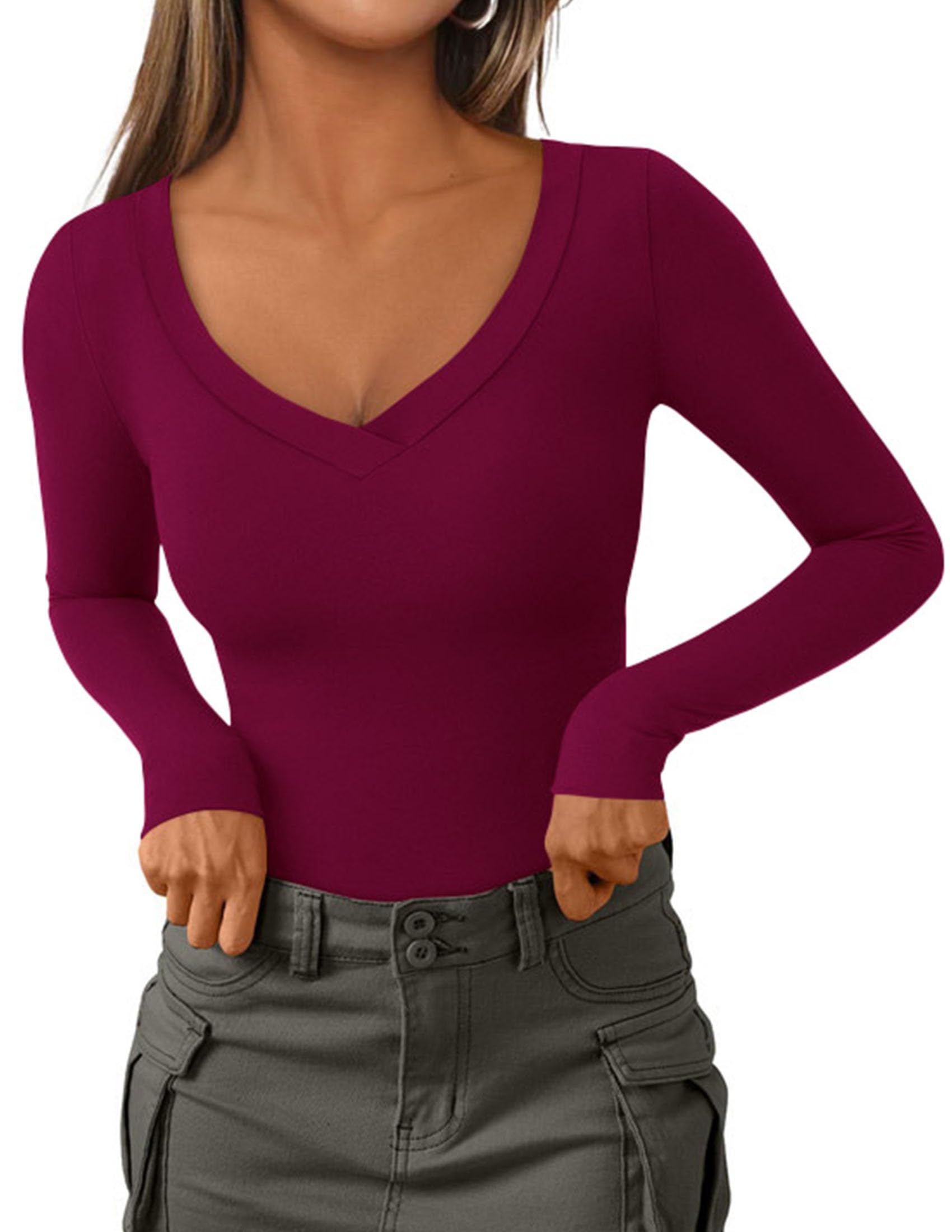 Women's V Neck Long Sleeve Shirts,Burgundy,X-S