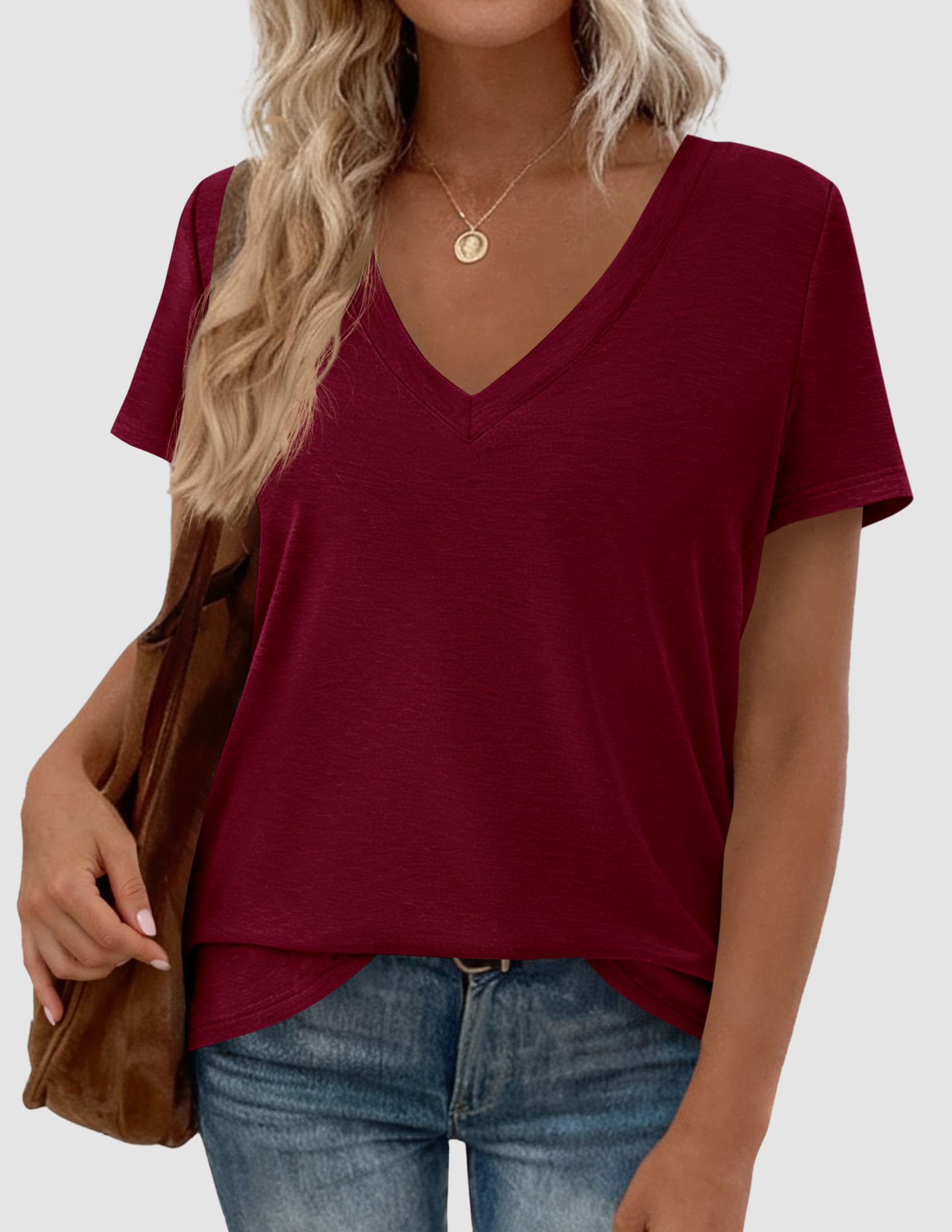 Womens Tops Short Sleeve Oversized Tshirts, Burgundy,S