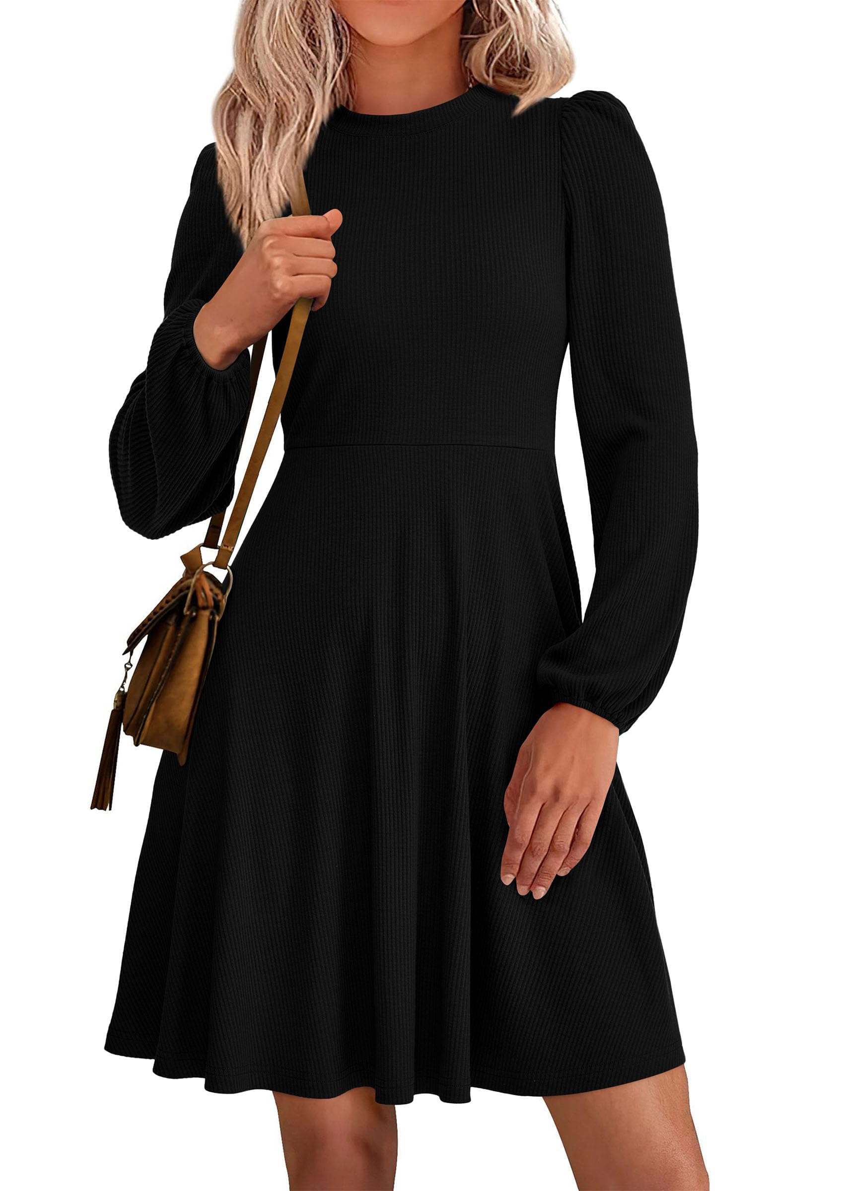 Womens A Line Long Sleeve Mini Dress,Black,S