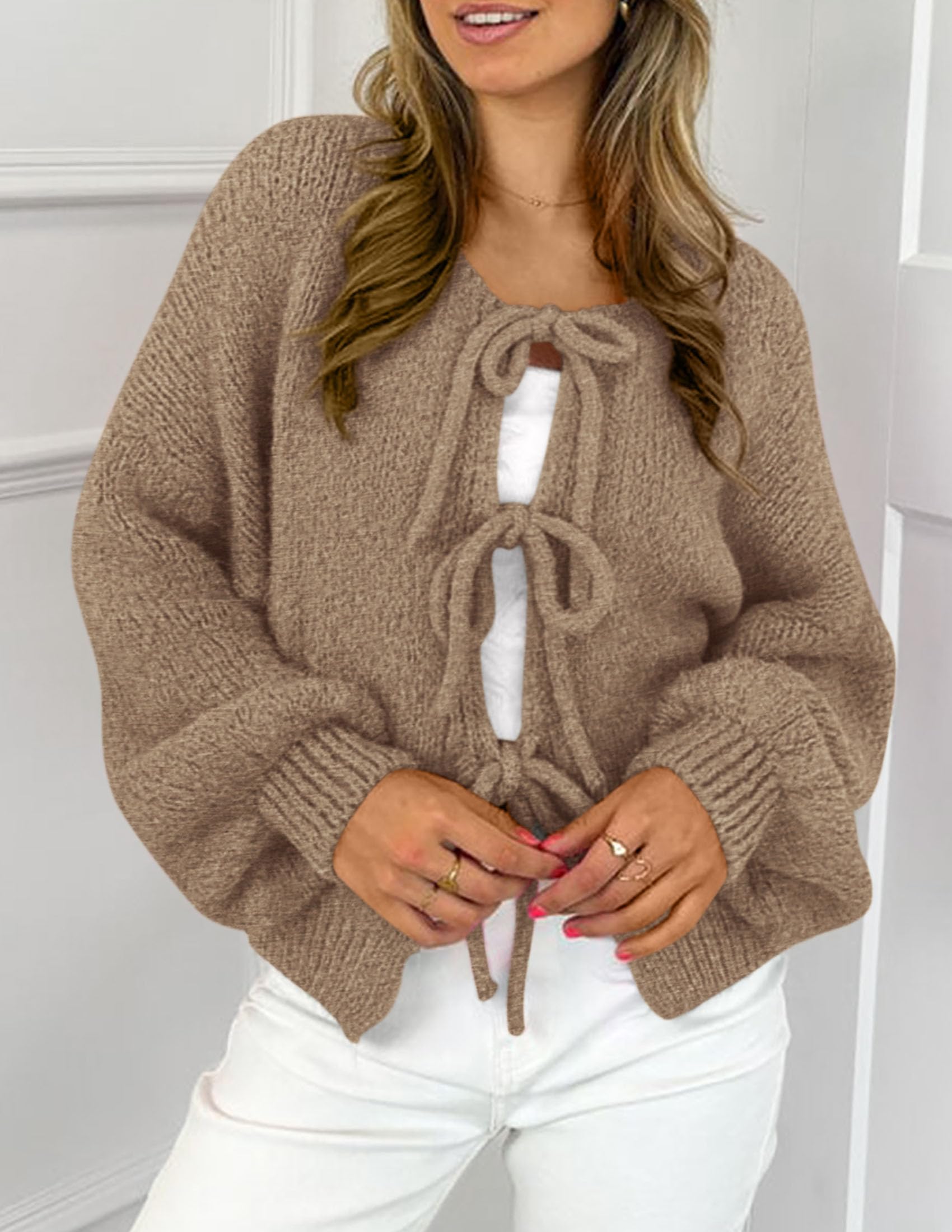 Women's Tie Front Bow Cardigan Sweaters(Light Khaki,Small)