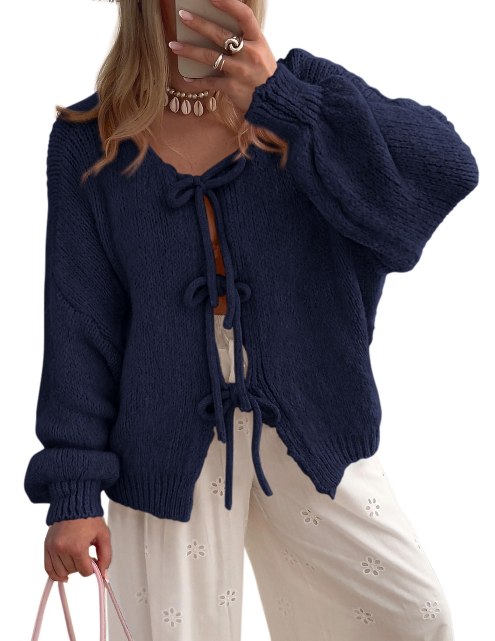 Women's Tie Front Bow Cardigan Sweaters(Navy,Small)
