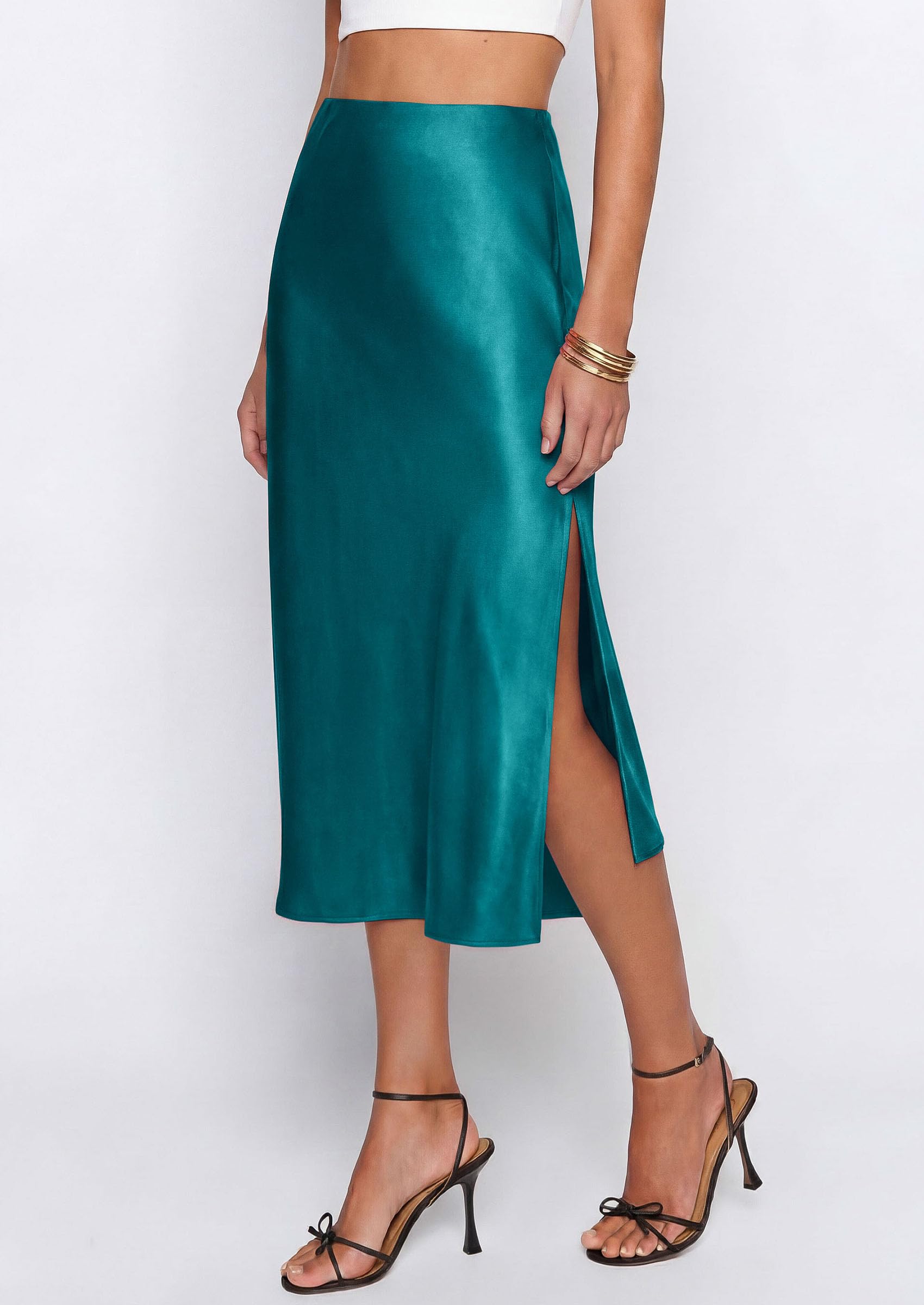 Womens Satin Skirt Silk Slip Midi Work Skirts, Lake Blue, S