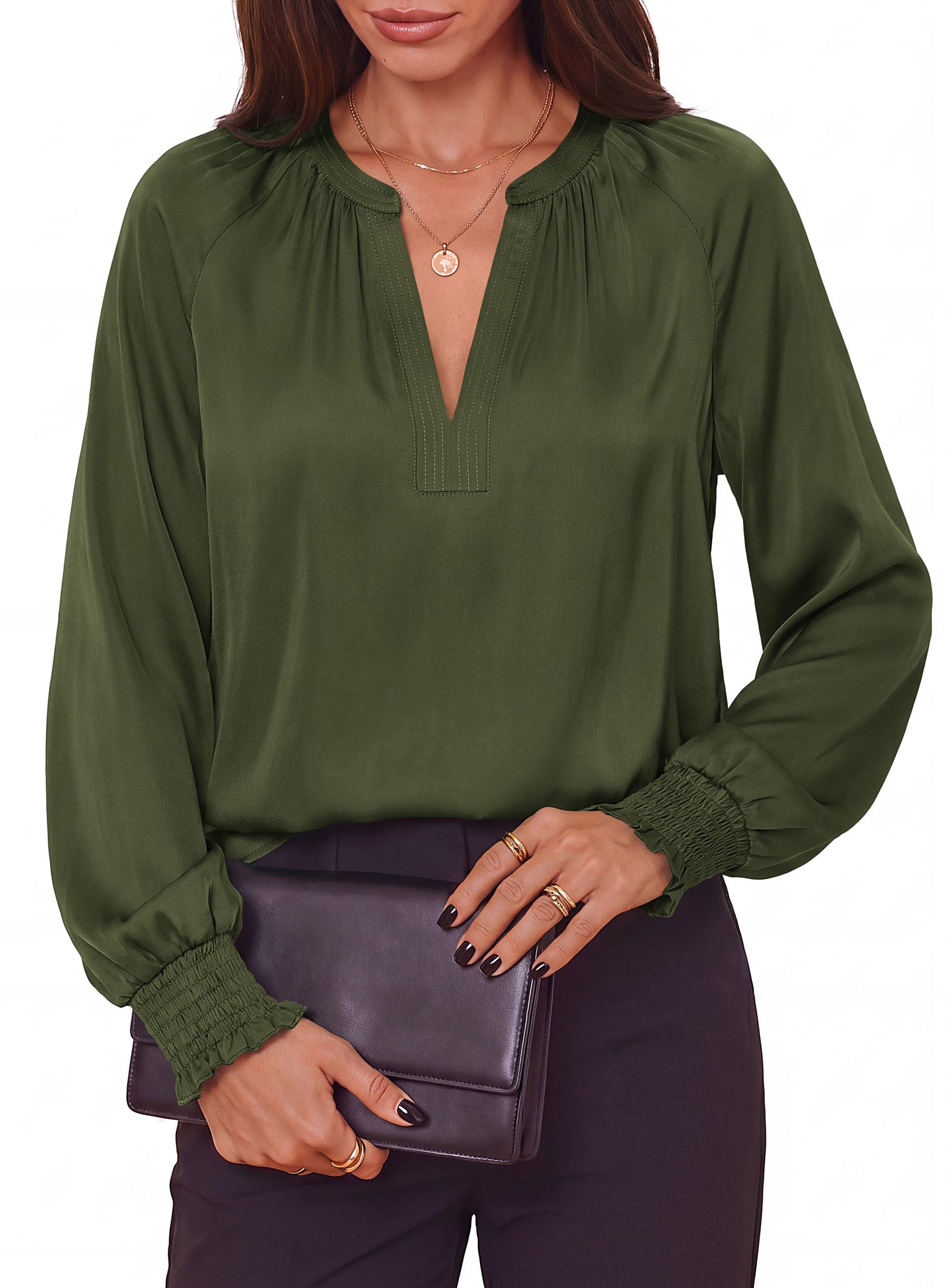 Women's Satin Blouses V Neck Long Sleeve Tops,Army Green,L