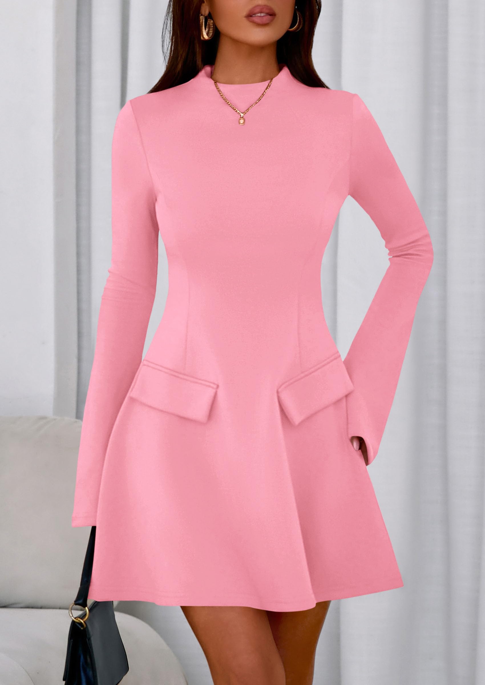 Women's Fall Bell Sleeve Short Dress,Pink,XS