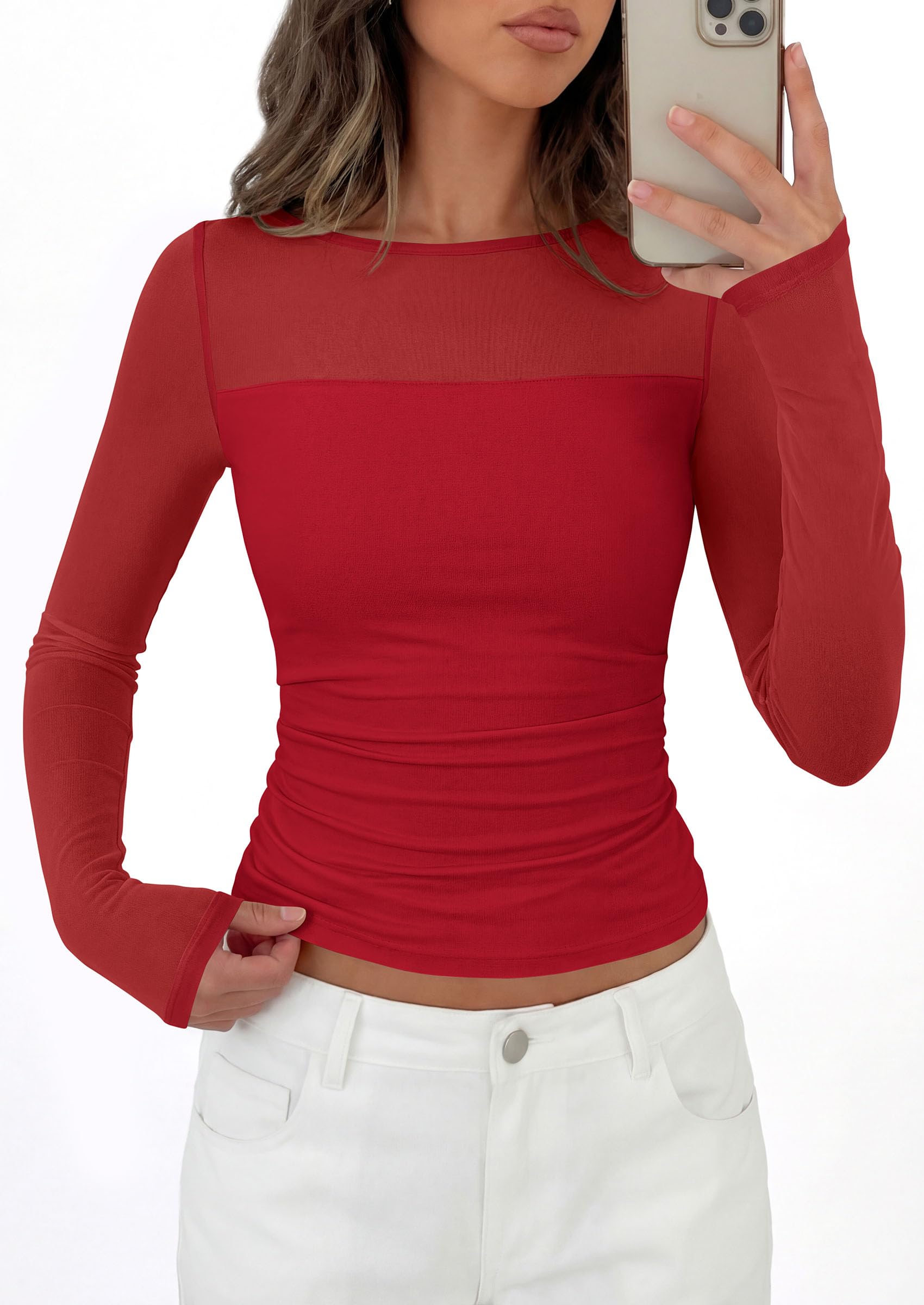 Women's Sheer Mesh Long Sleeve Going Out Tops (Red,S)