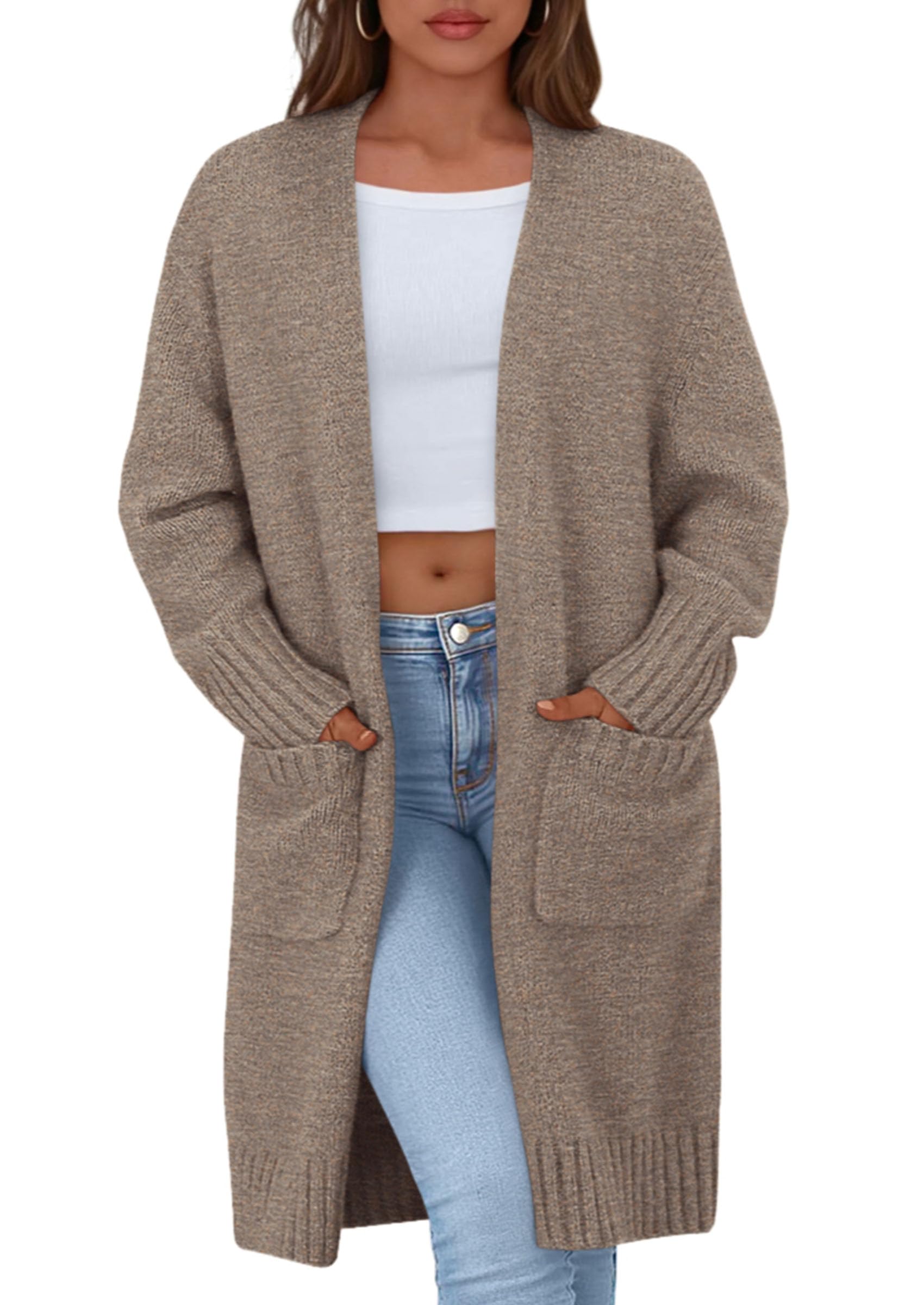 Open Front Cardigan Sweaters for Women,Brown,S
