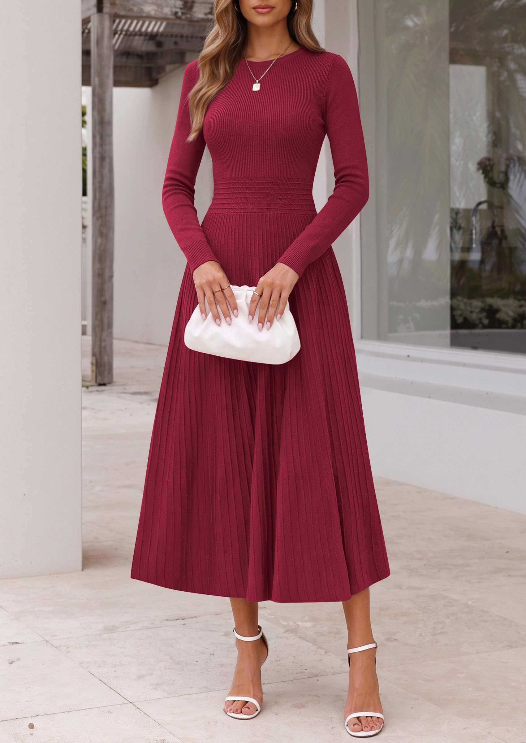 Women's Long Sleeve Knit Maxi Sweater Dress,Burgundy,S