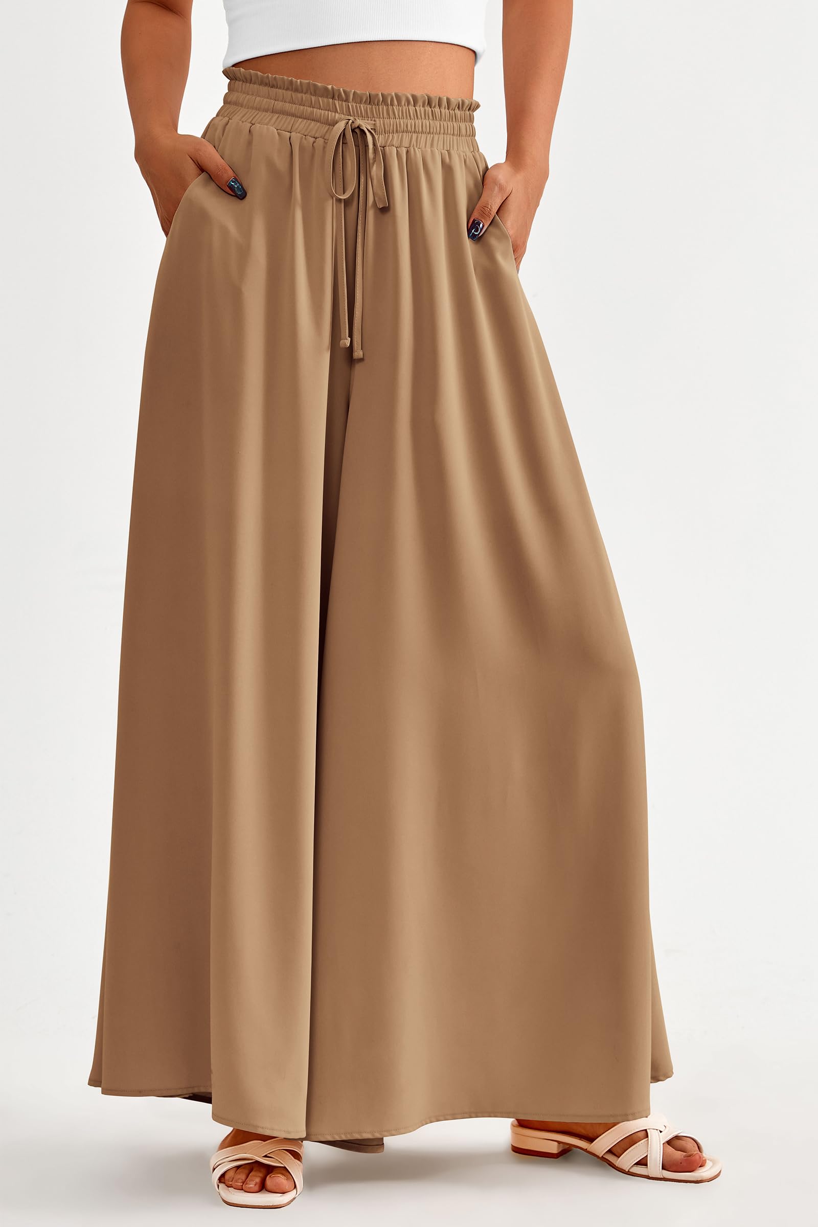 Summer Wide Leg Palazzo Pants for Women Casual,Khaki,S