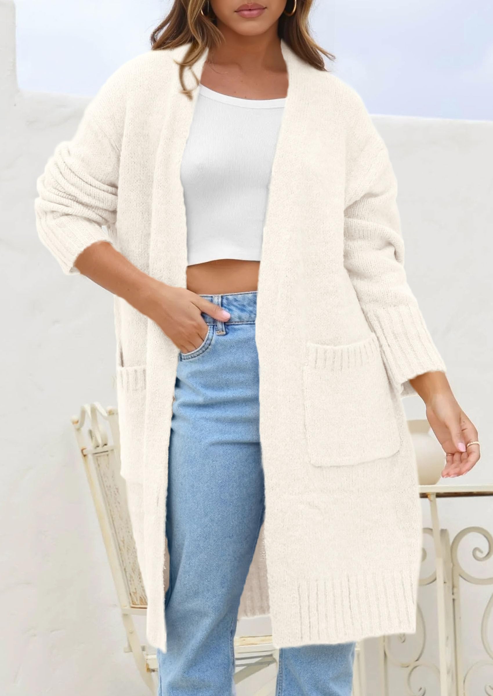 Open Front Cardigan Sweaters for Women,White,S