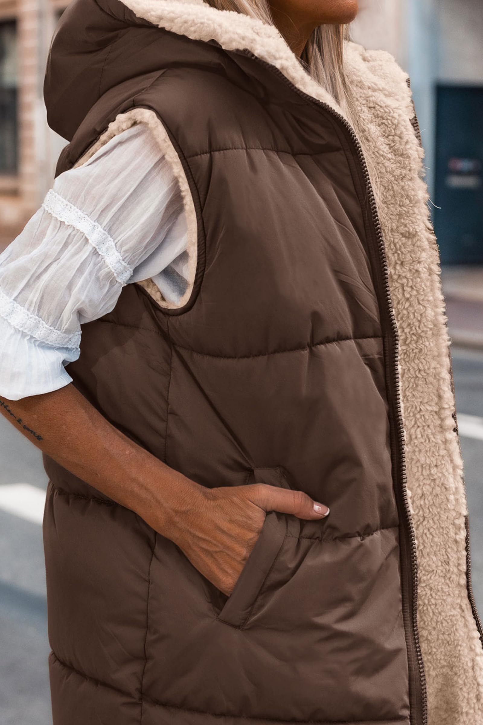 Women's Winter Reversible Fleece Long Vests(Coffee,M)