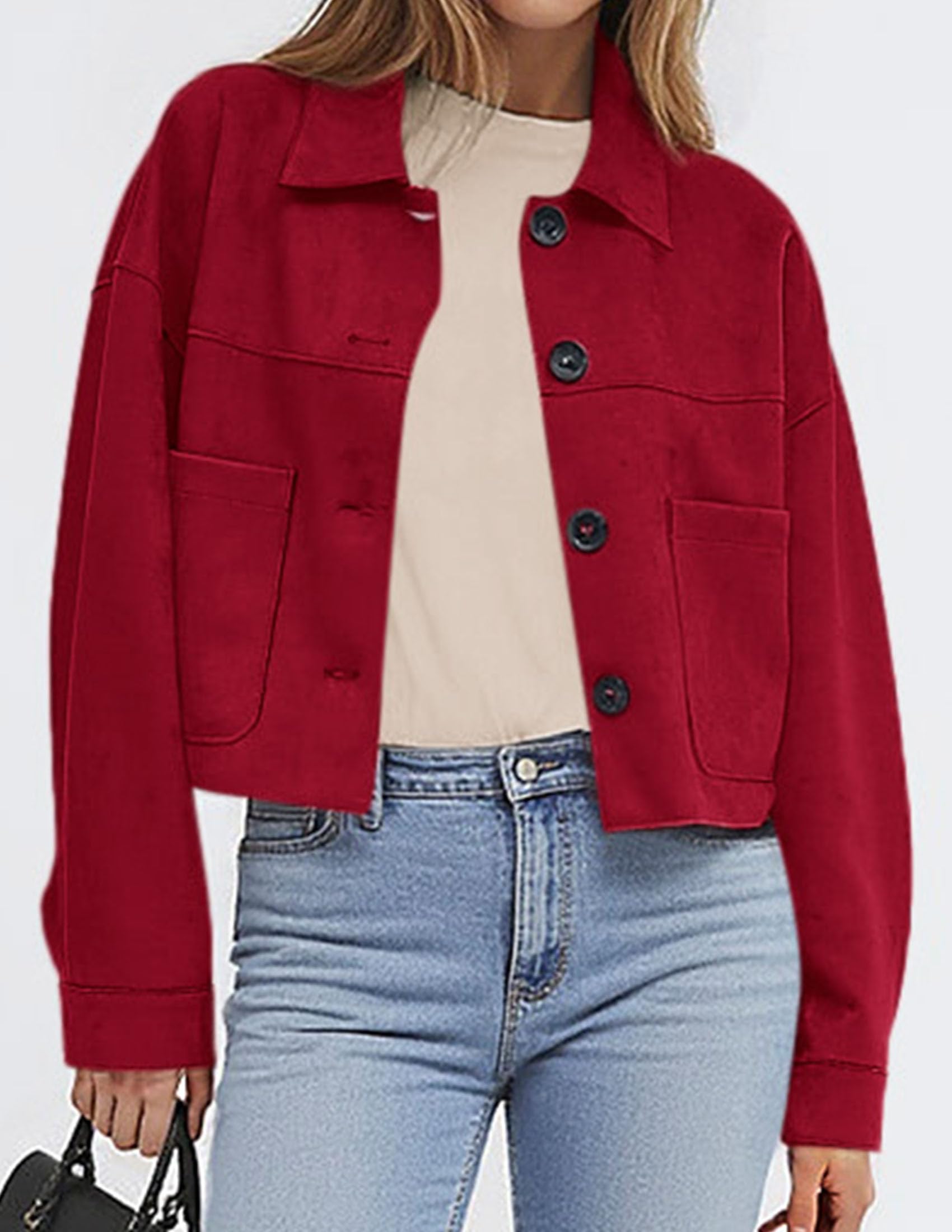 Women's Faux Suede Shacket Jackets Lightweight Cropped Coats
