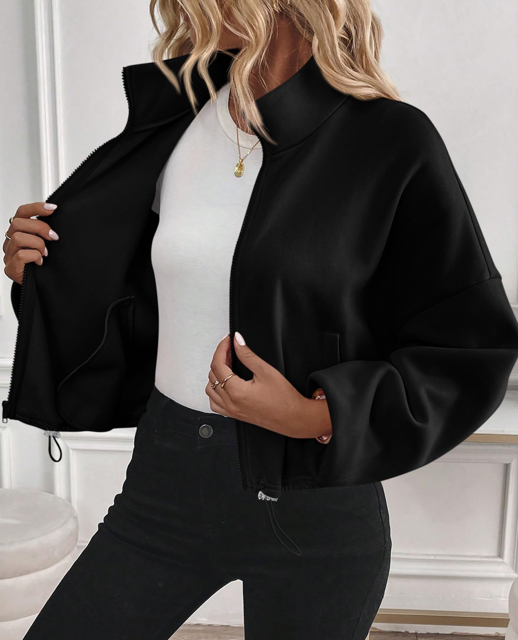 Women's Cropped Jacket Zip Up Fleece Sweatshirt Fall Outfits