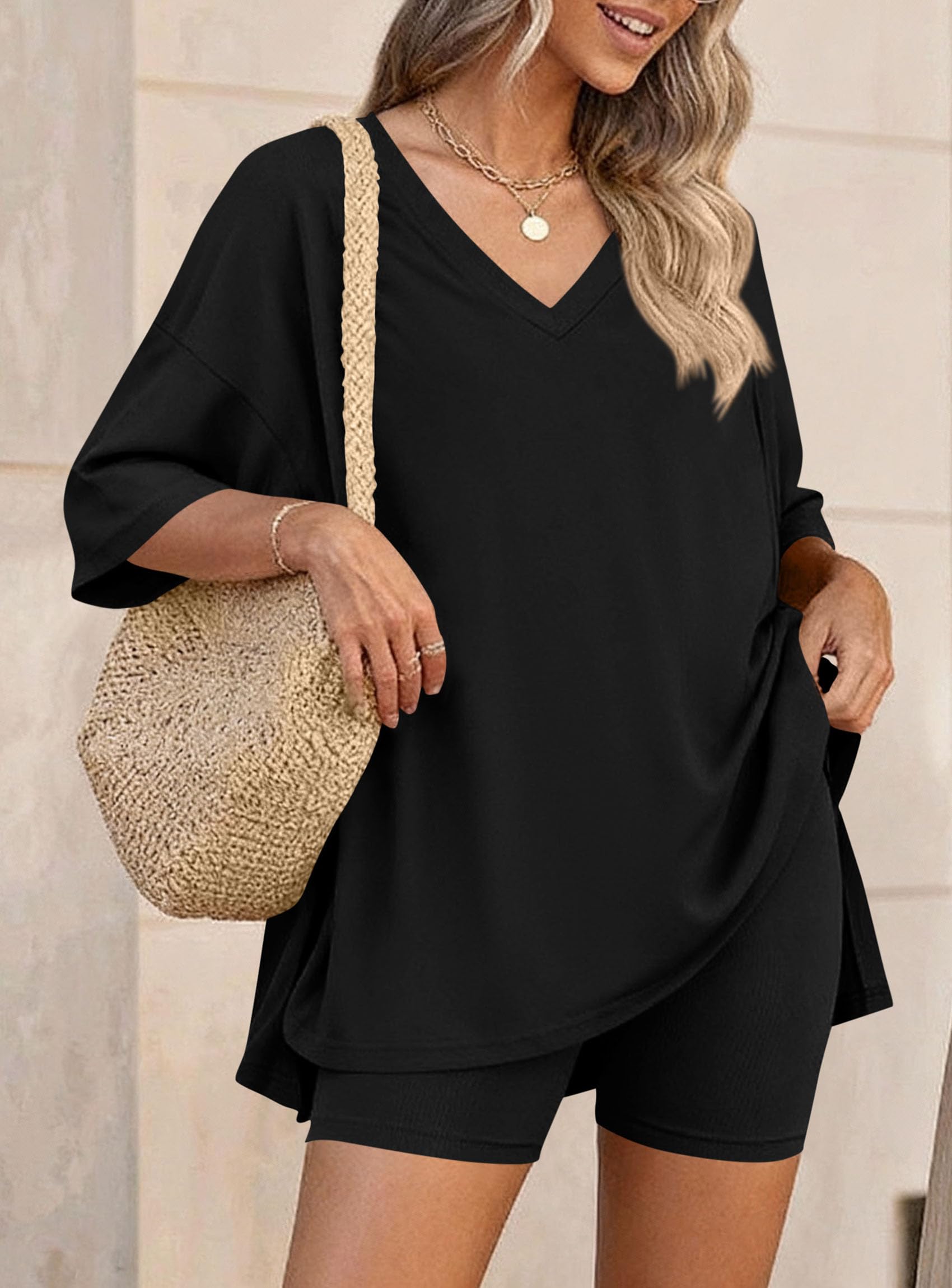 Womens 2 Piece Outfit Lounge Short Sets,Black,S