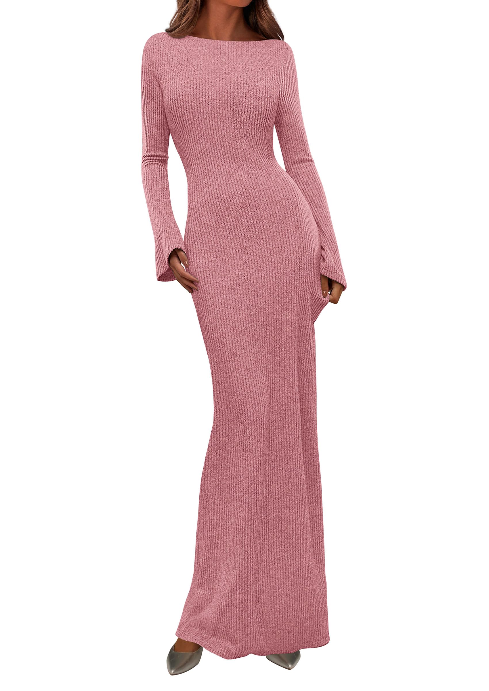 Women's Fall Long Sleeve Bodycon Maxi Dresses (Pink,XS)