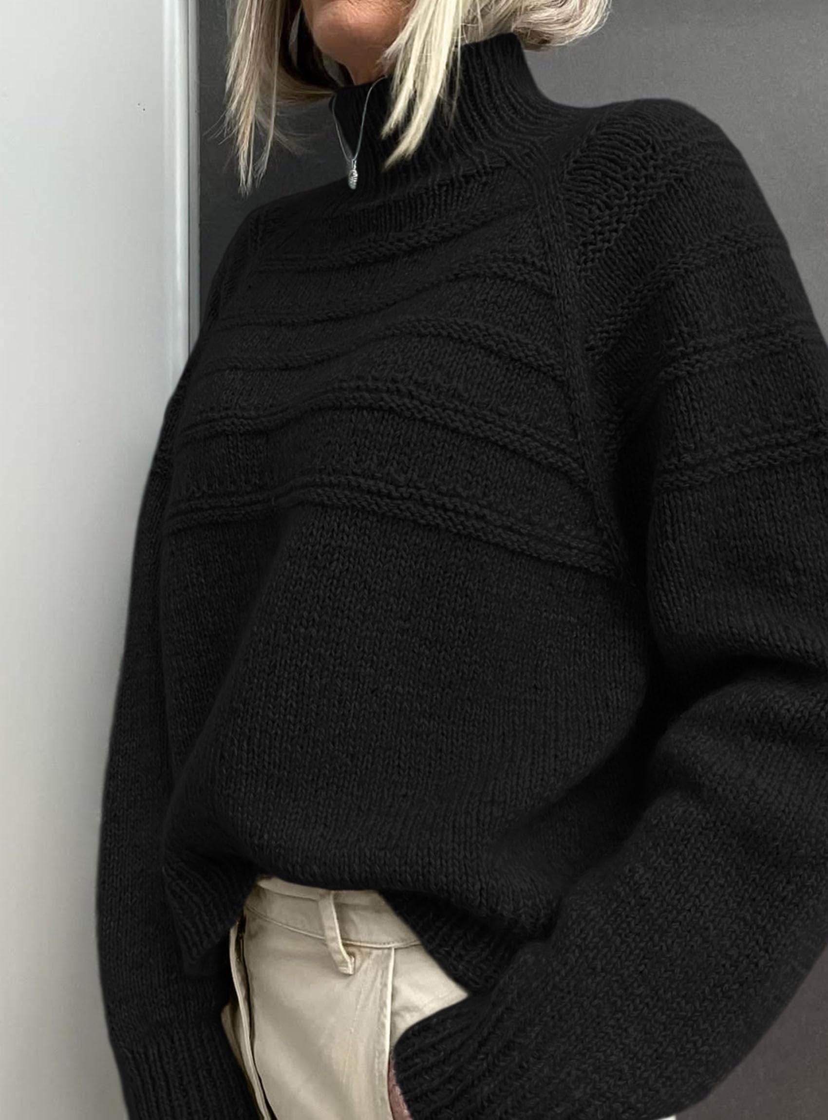 Women's Chunky Knit Mock Neck Pullover Sweaters,Black,S