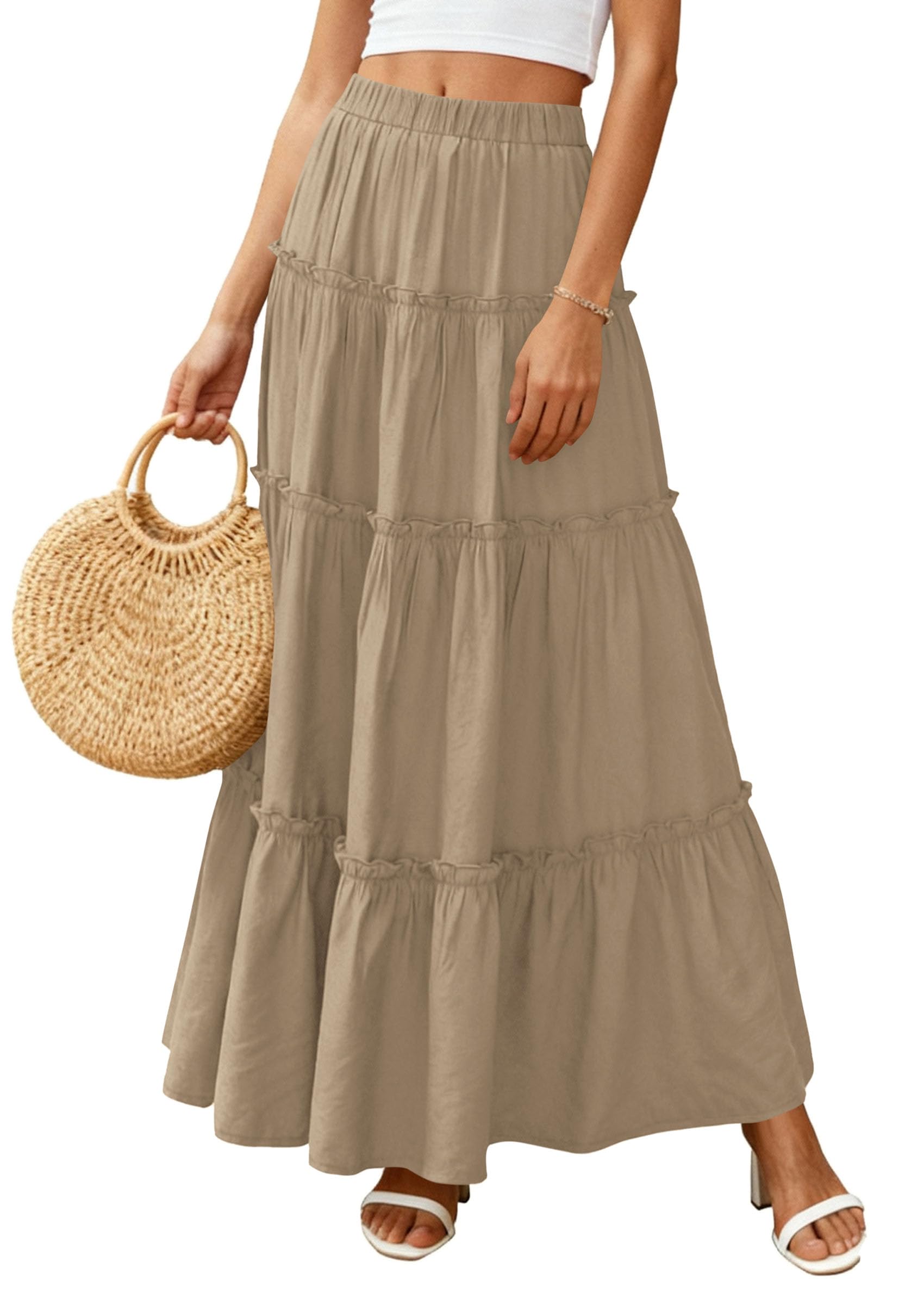 Women's Boho Tiered Ruffle Flowy Maxi Skirt, Khaki,XL