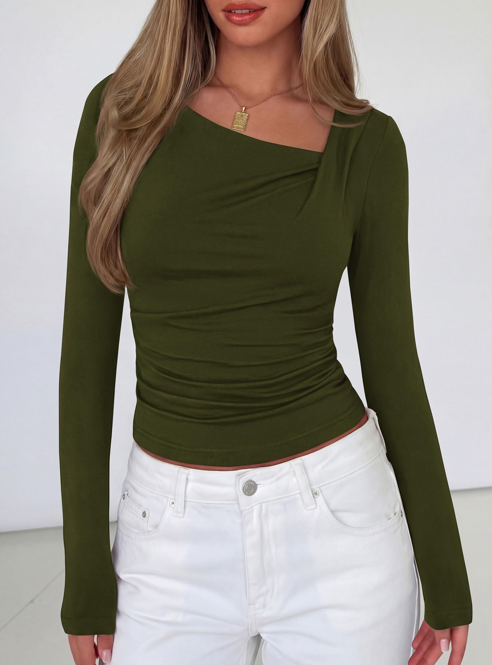 Women Long Sleeve Shirts Asymmetrical Y2K Fall Tops Army Green