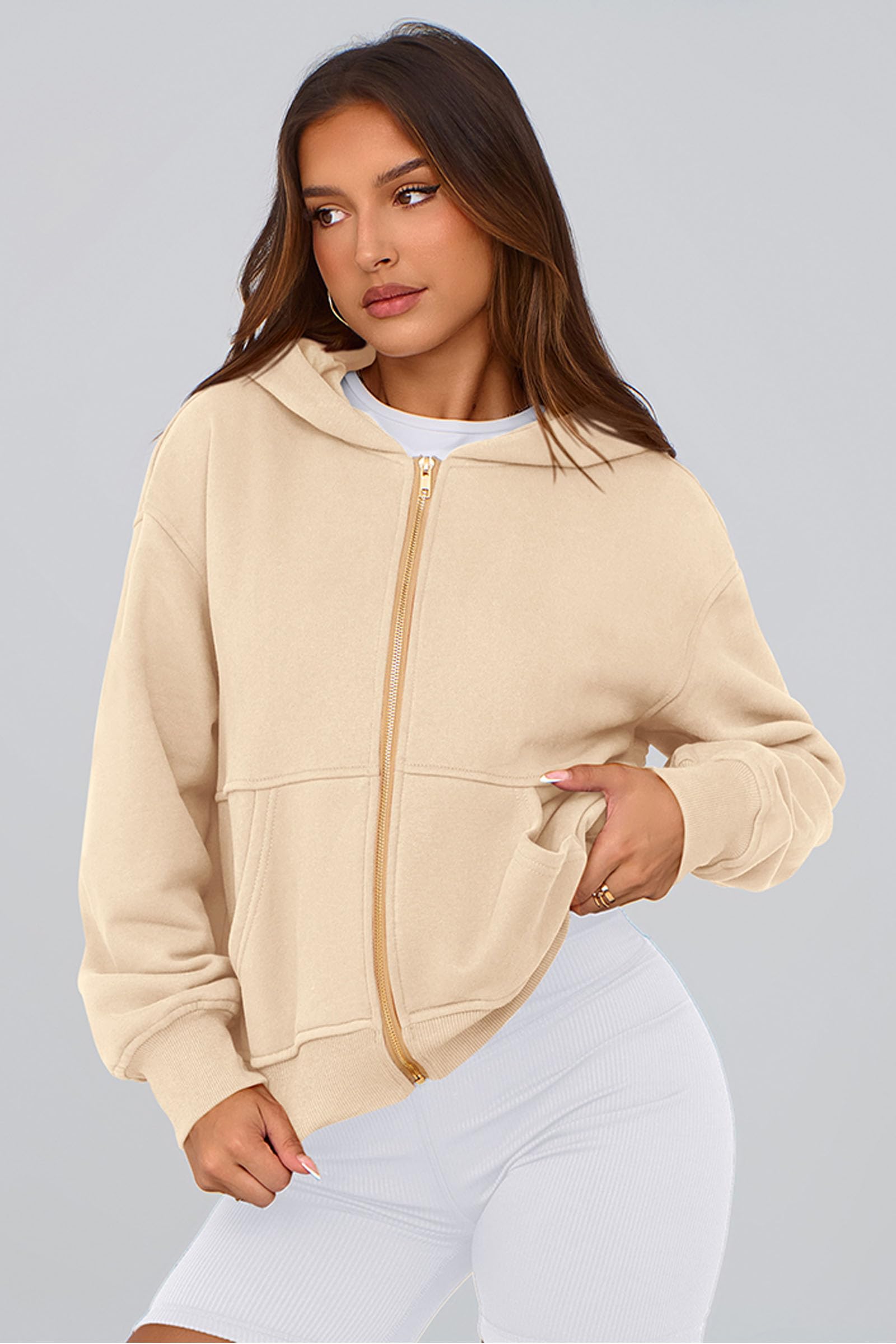 Hoodies for Women Fall Fashion Zip Up Fleece Plain Sweatshirt