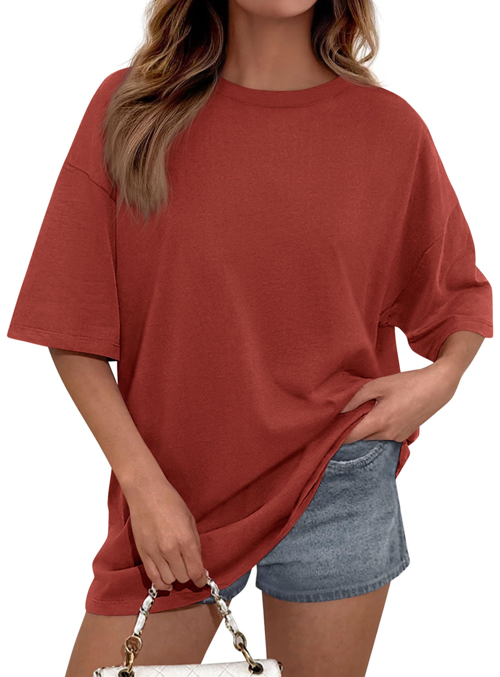 Women's Oversized Tshirts Going Out Tops (Rust Red,S)
