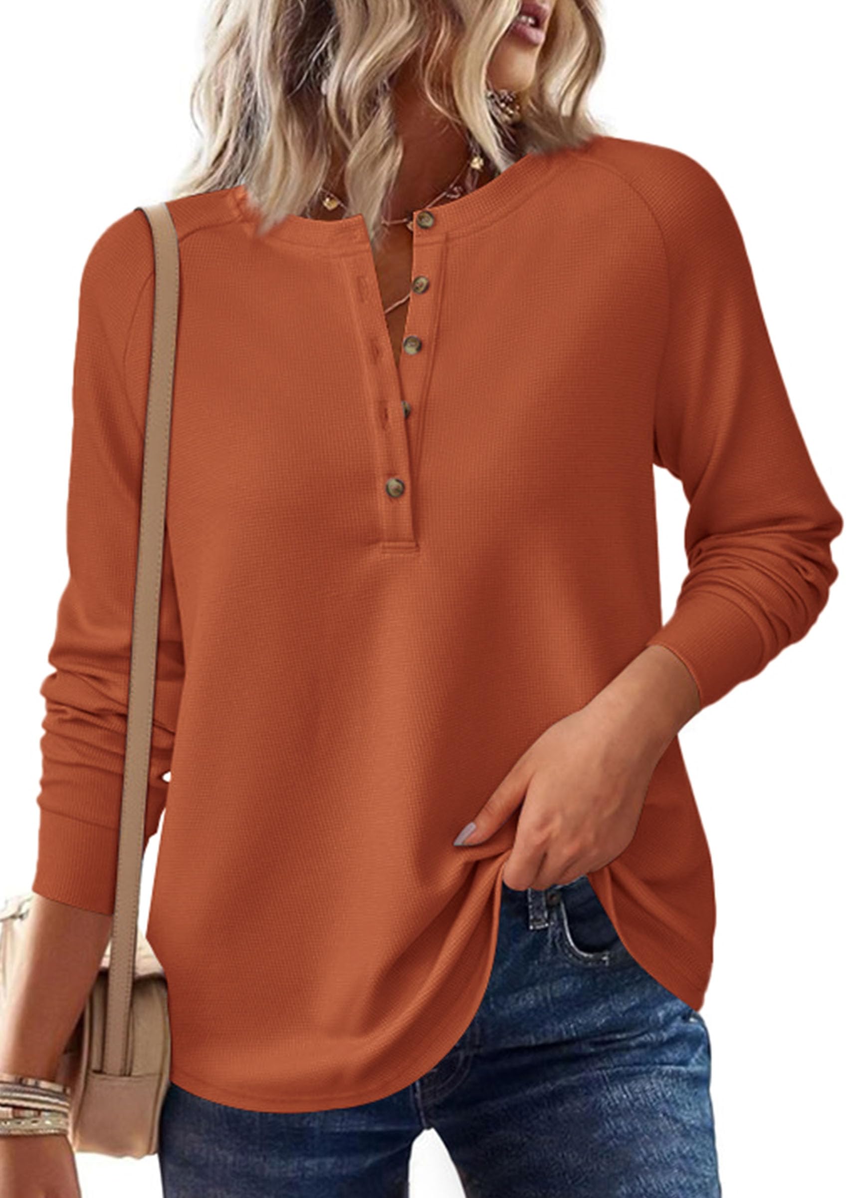 Women's Long Sleeve Waffle Knit Henley Shirts Loose Tunic Tops