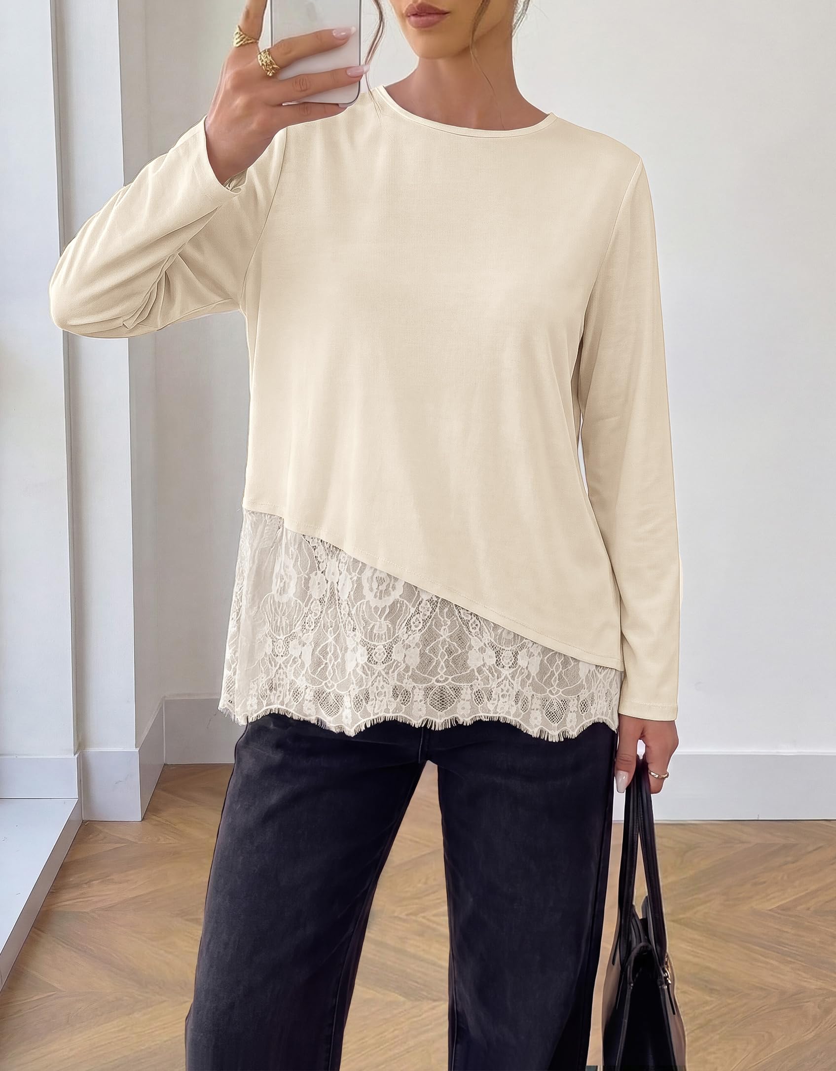 Women's Lace Patchwork Long Sleeve Shirts,Beige,XL
