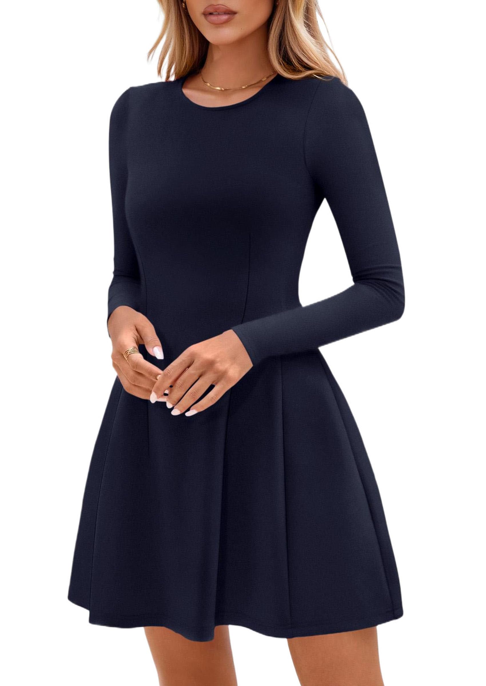 Womens Long Sleeve Pleated Mini Dress,Navy,XS