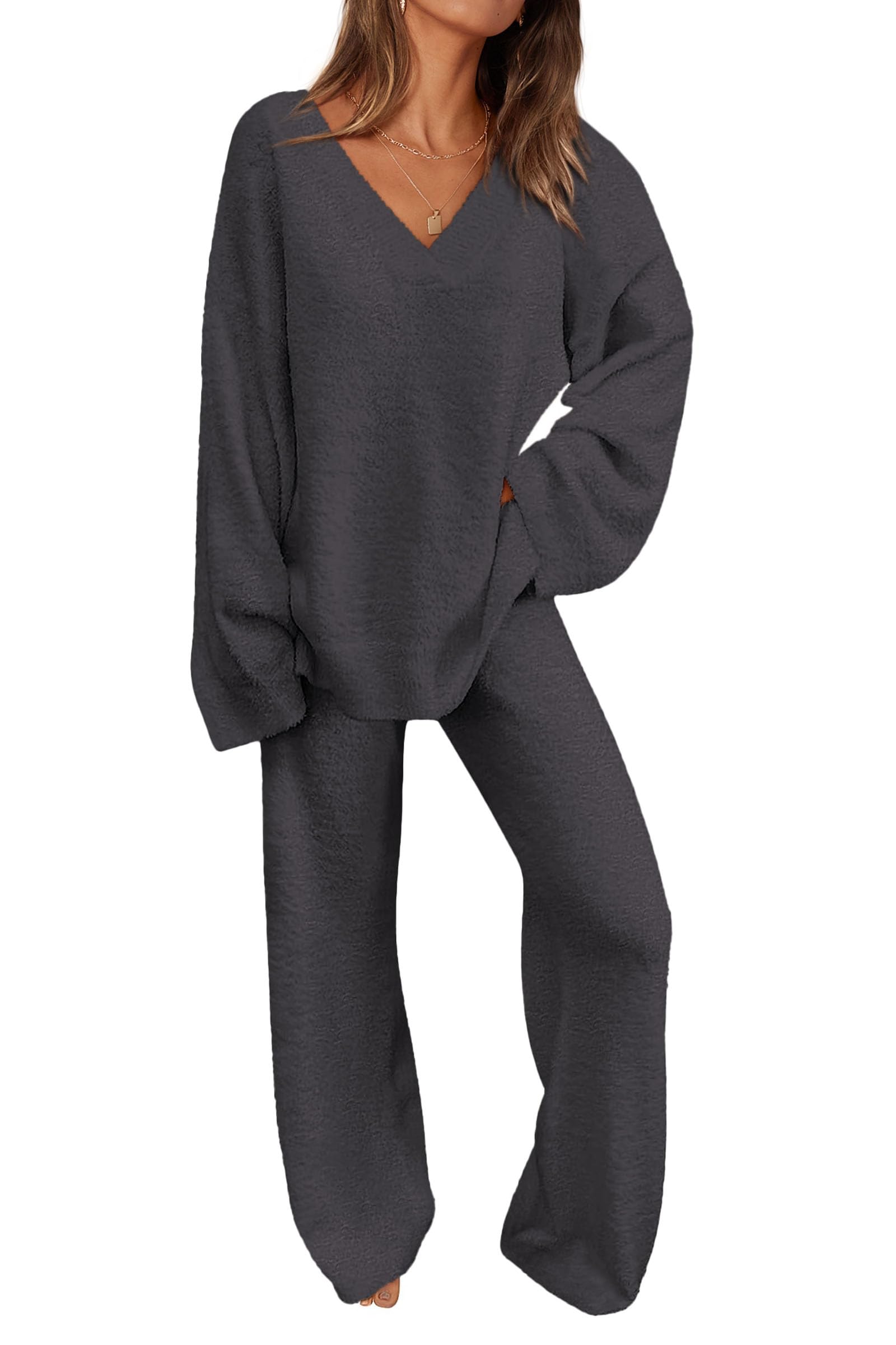 Lounge Sets for Women Fall 2 Piece Fuzzy Sweater Pajama Set