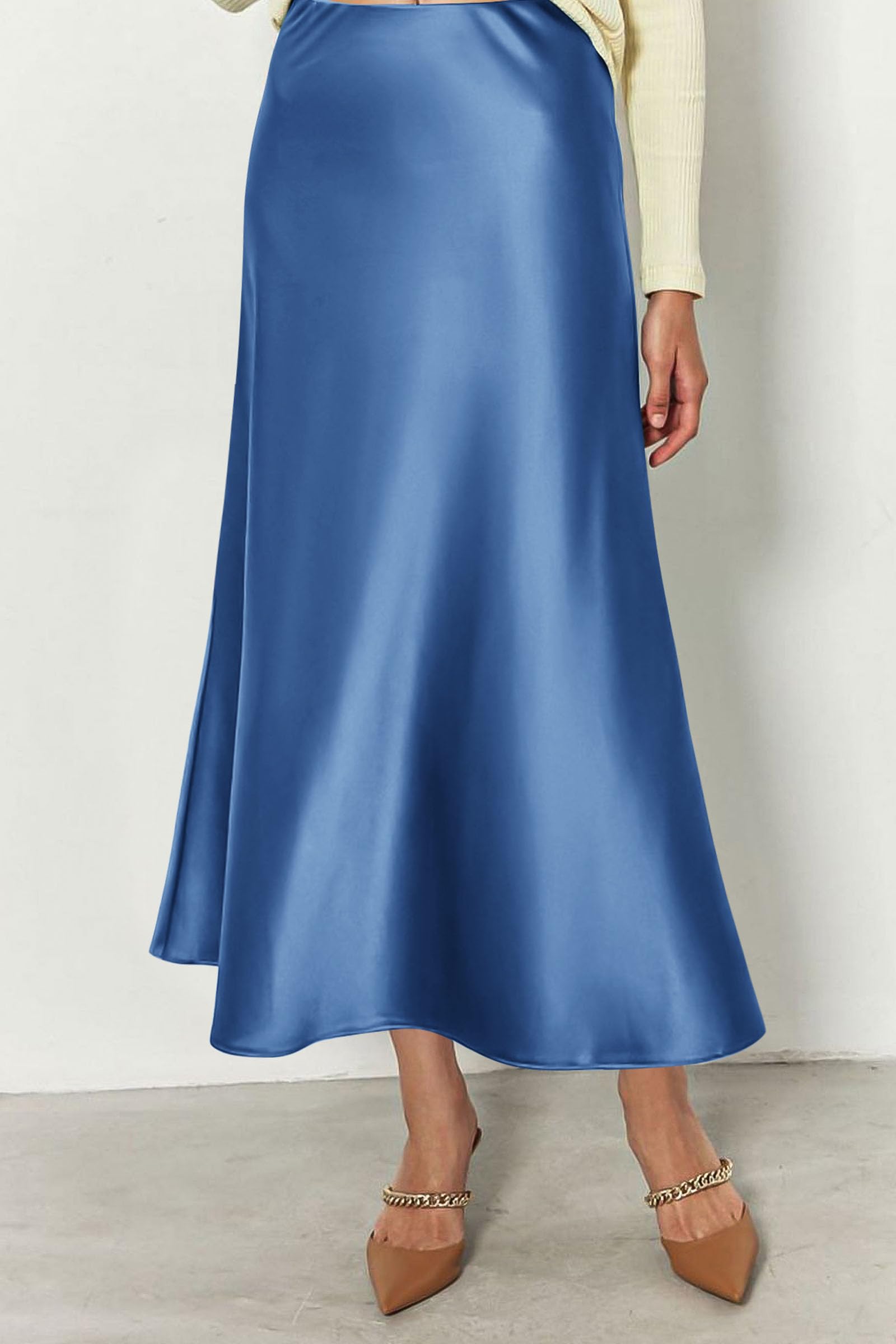 Women's Satin Midi Skirts Dressy Casual,Blue,S