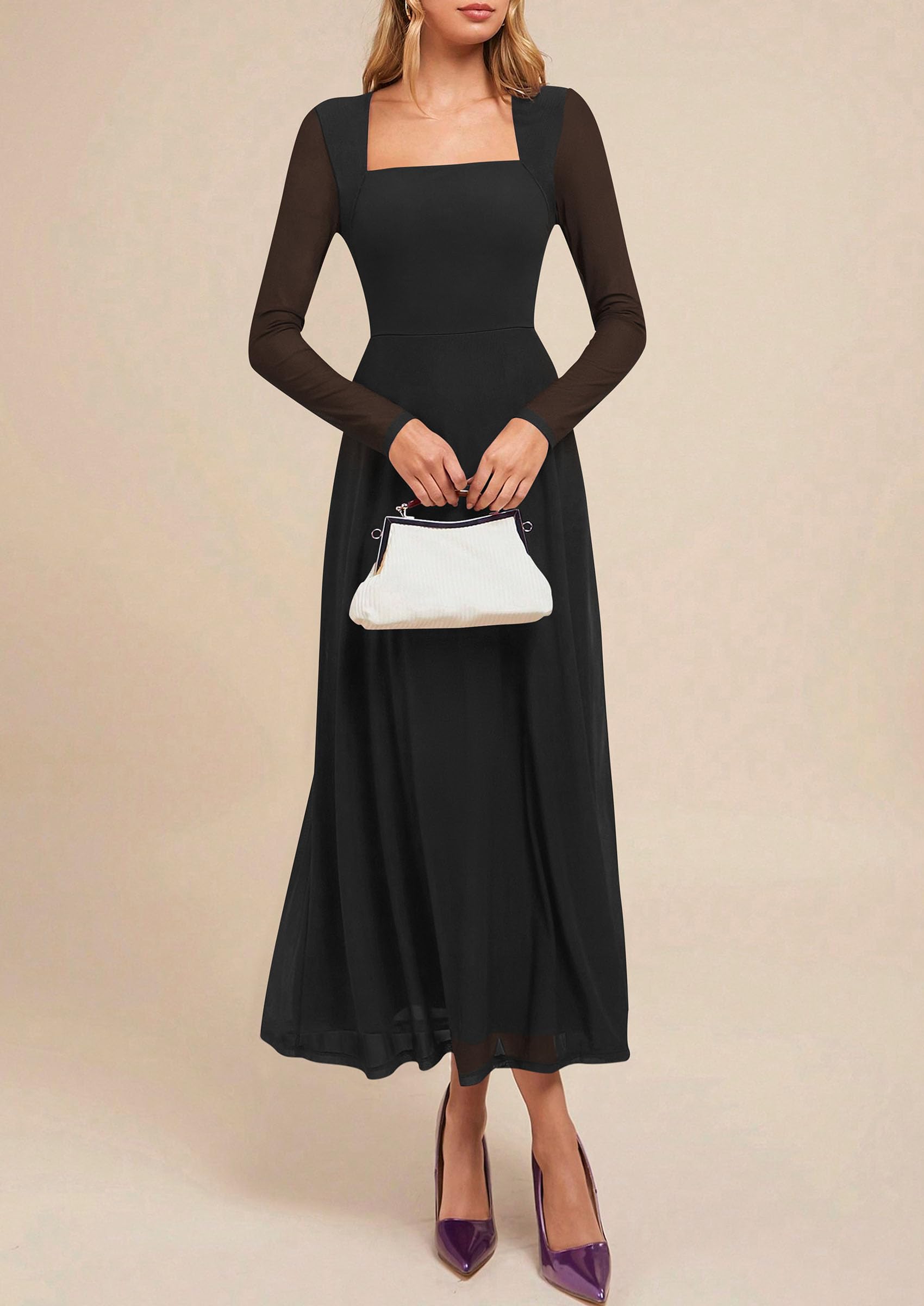 Women's Flowy Maxi Mesh Fall Cocktail Wedding Guest Dresses