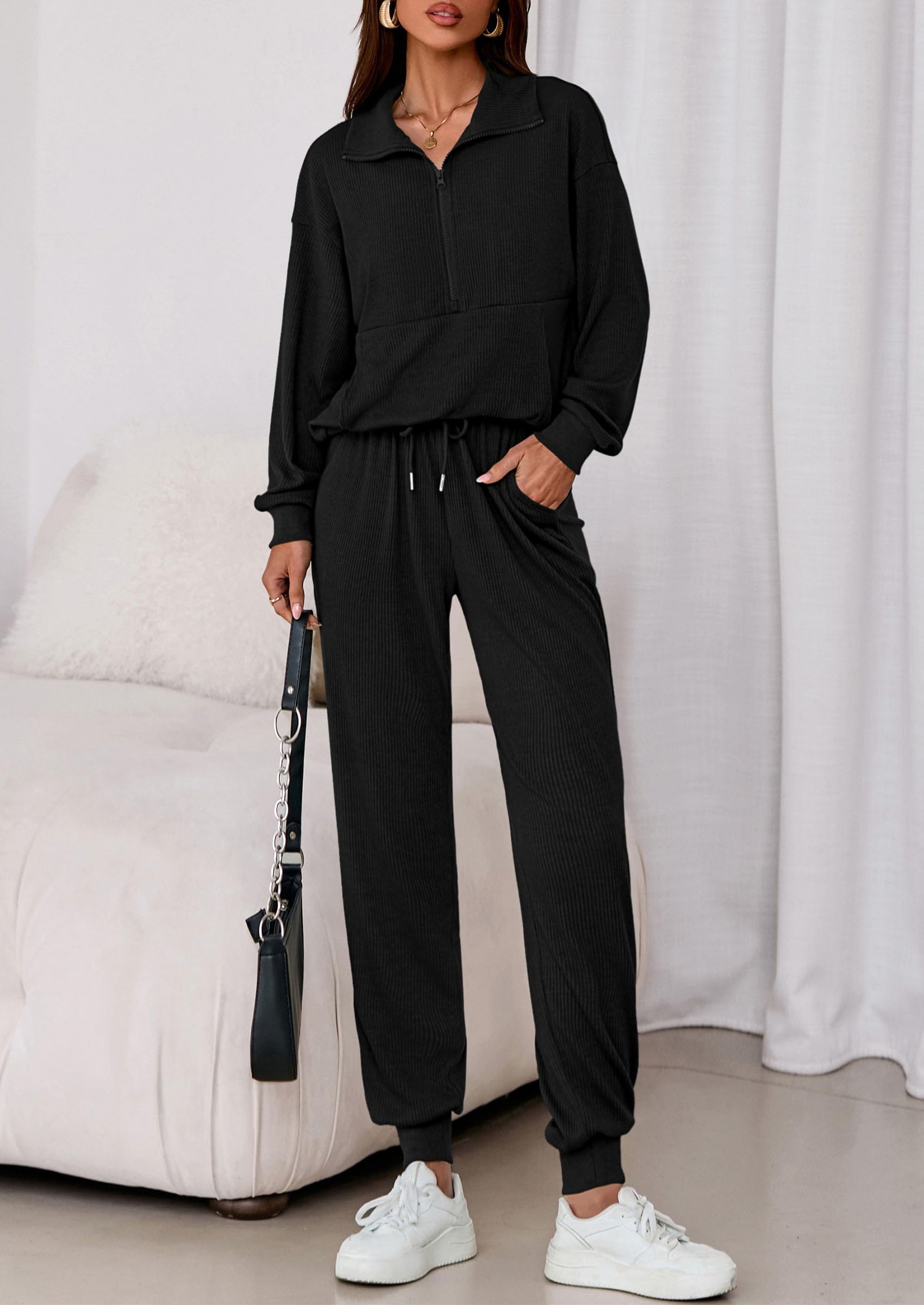 Airport Travel Outfit Women Ribbed Knit Matching Lounge Sets