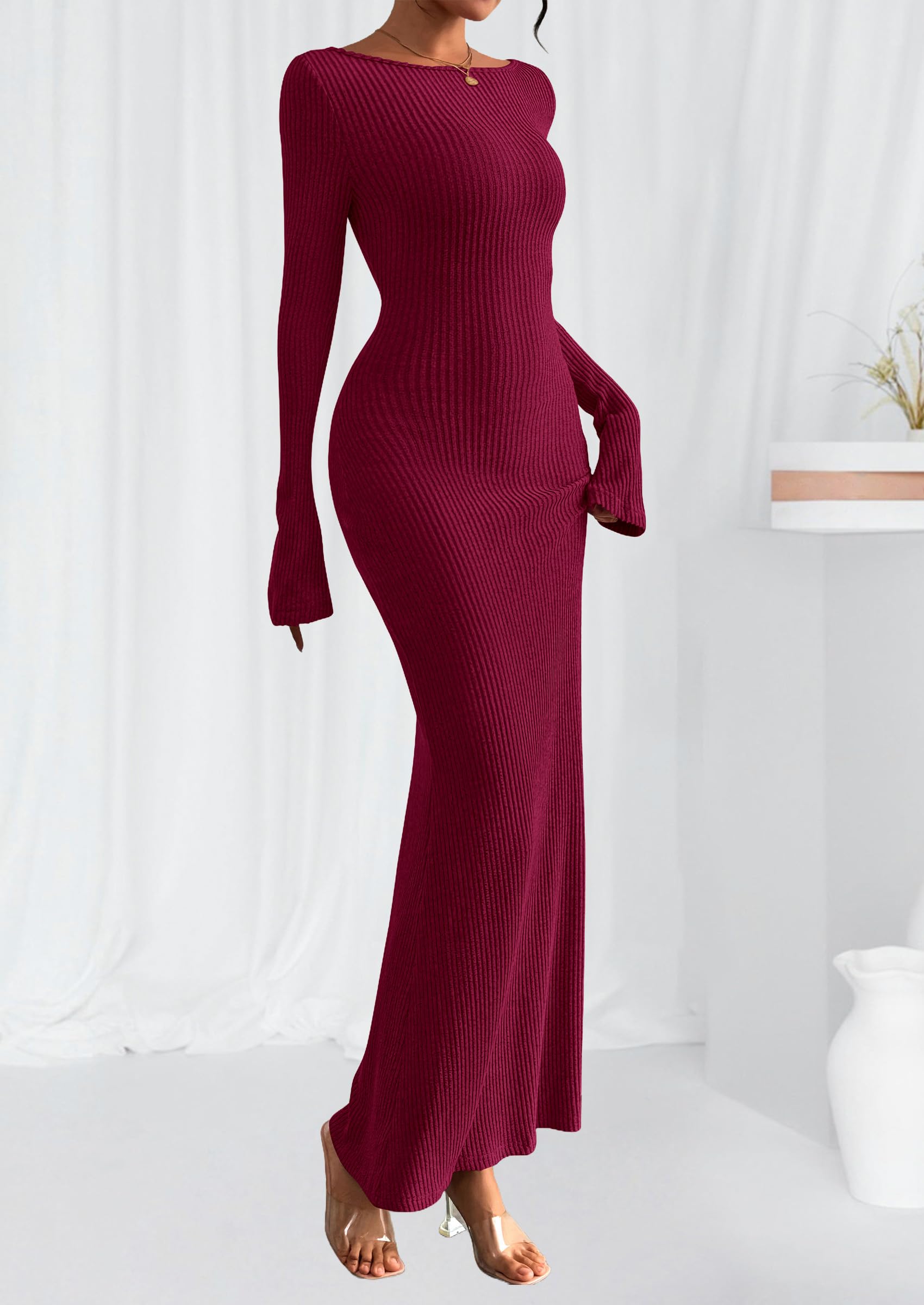Women's Fall Long Sleeve Bodycon Maxi Dresses (Burgundy,XS)
