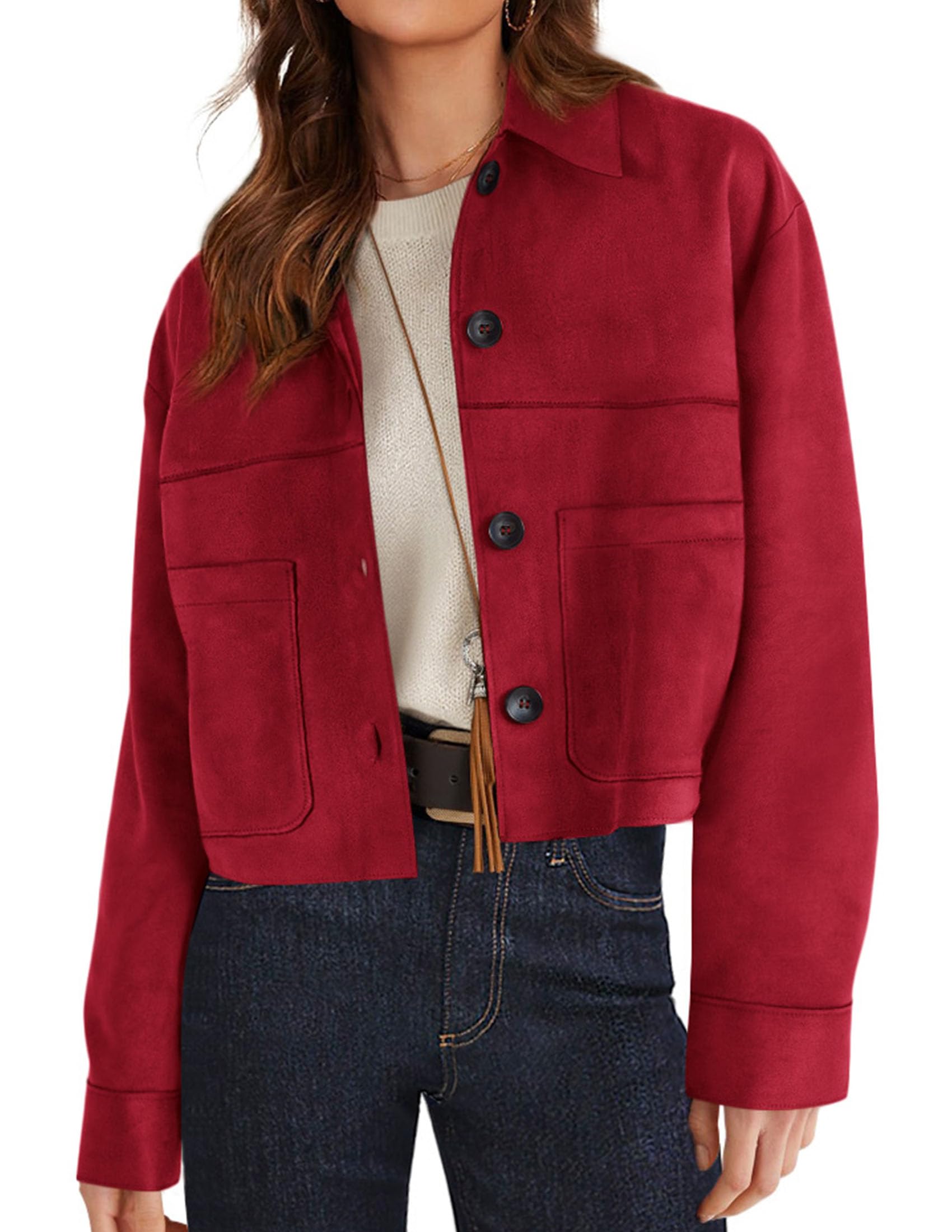 Women's Faux Suede Shacket Jackets Lightweight Cropped Coats