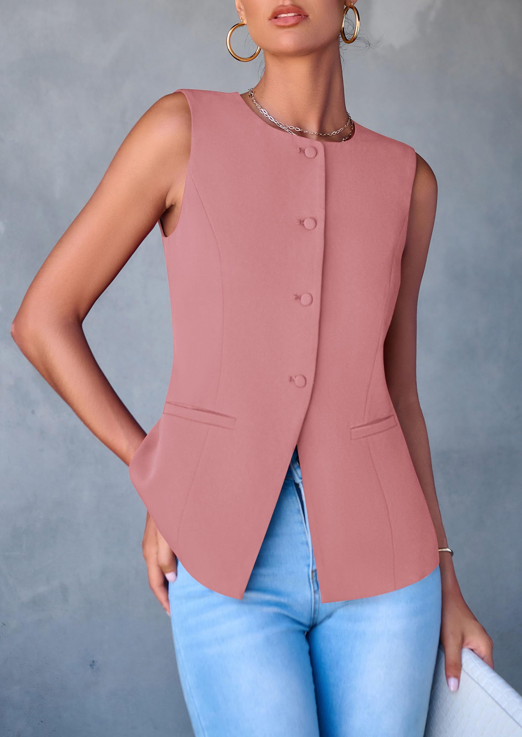 Women Tailored Suit Vest Business Casual Tops, Dark Pink,M