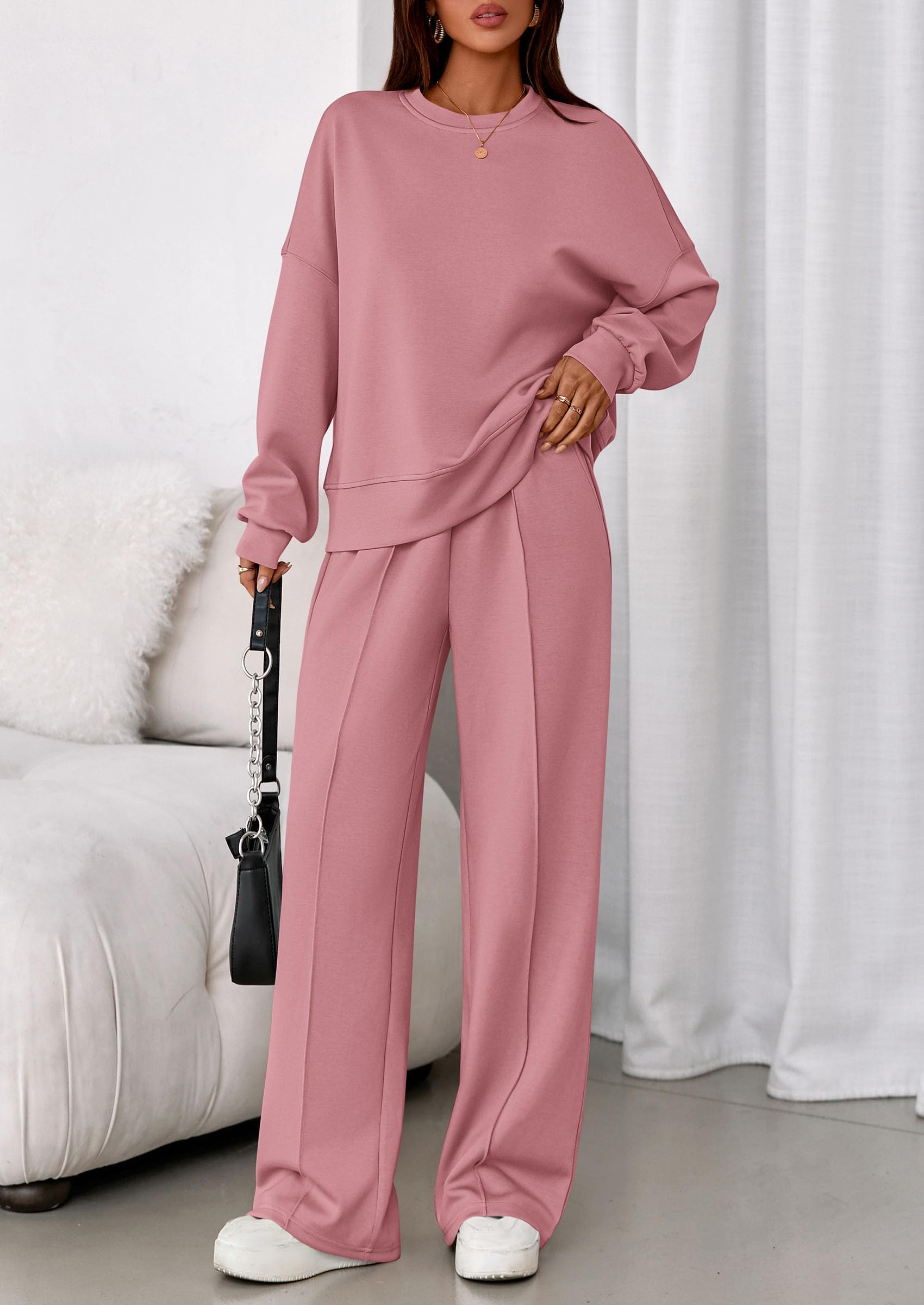 Womens Long Sleeve Sweatshirt 2 Piece Sets,Pink,S