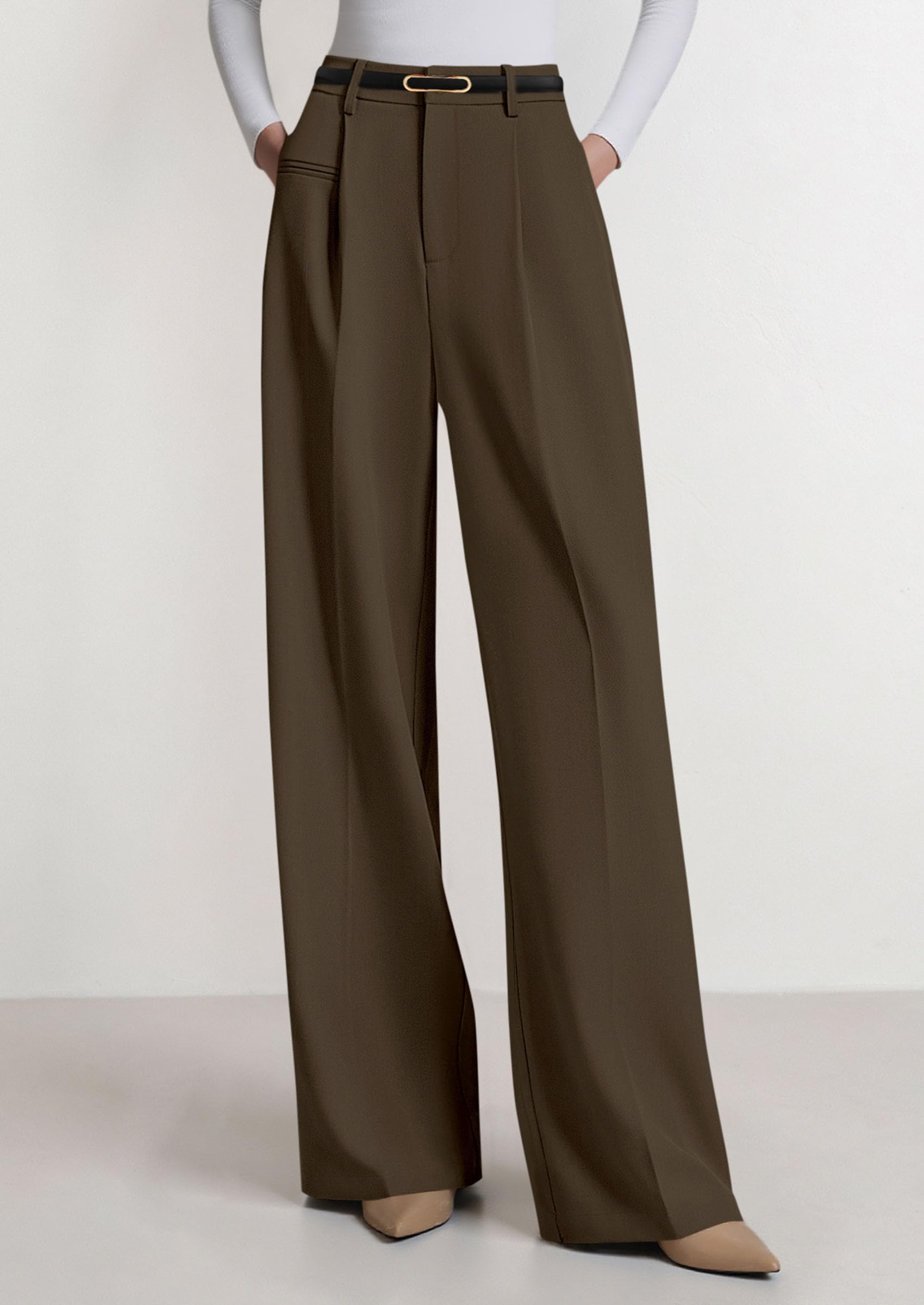 Women's Tailored Wide Leg Work Dress Pants,Coffee,S