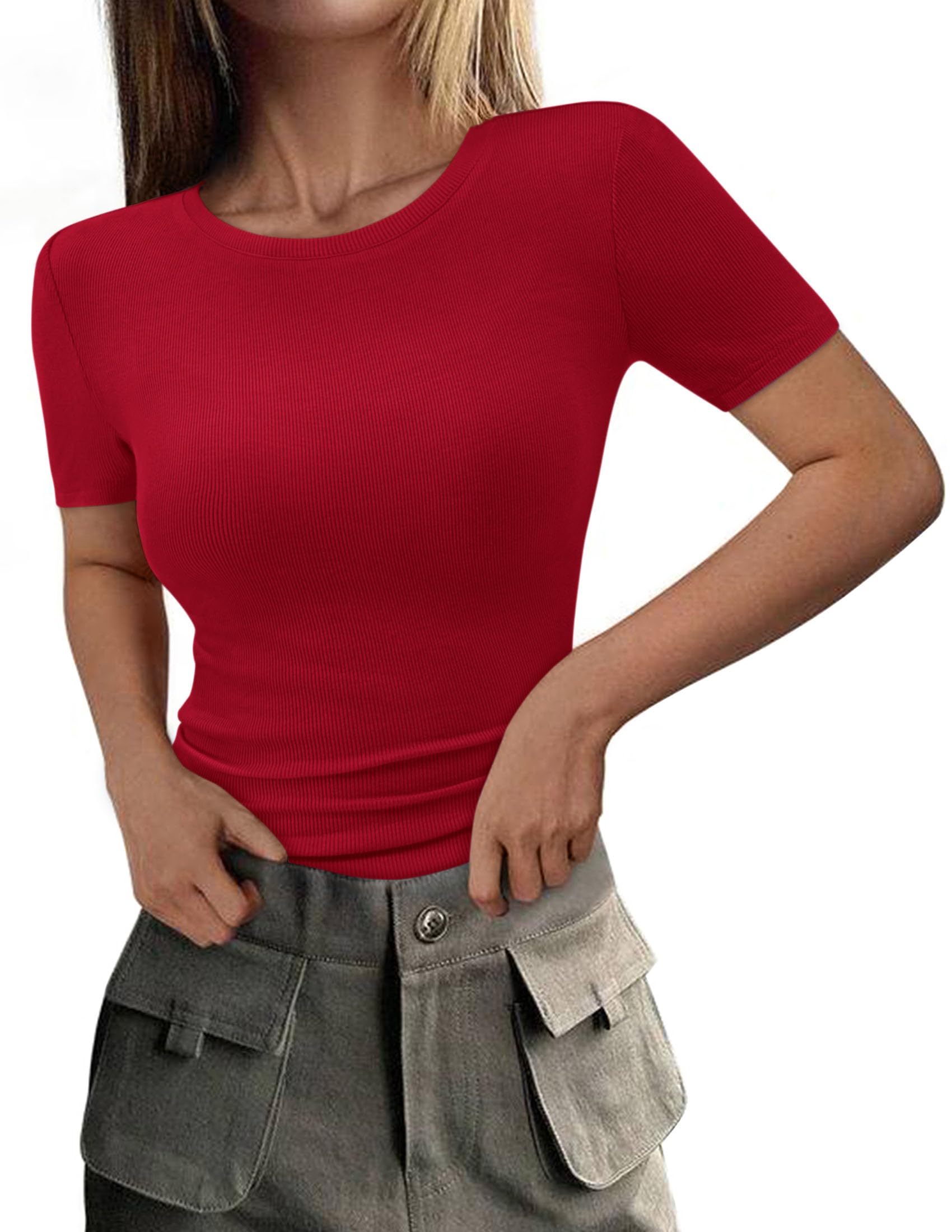 Womens Short Sleeve Slim Fit Basic Shirts,Red,XS