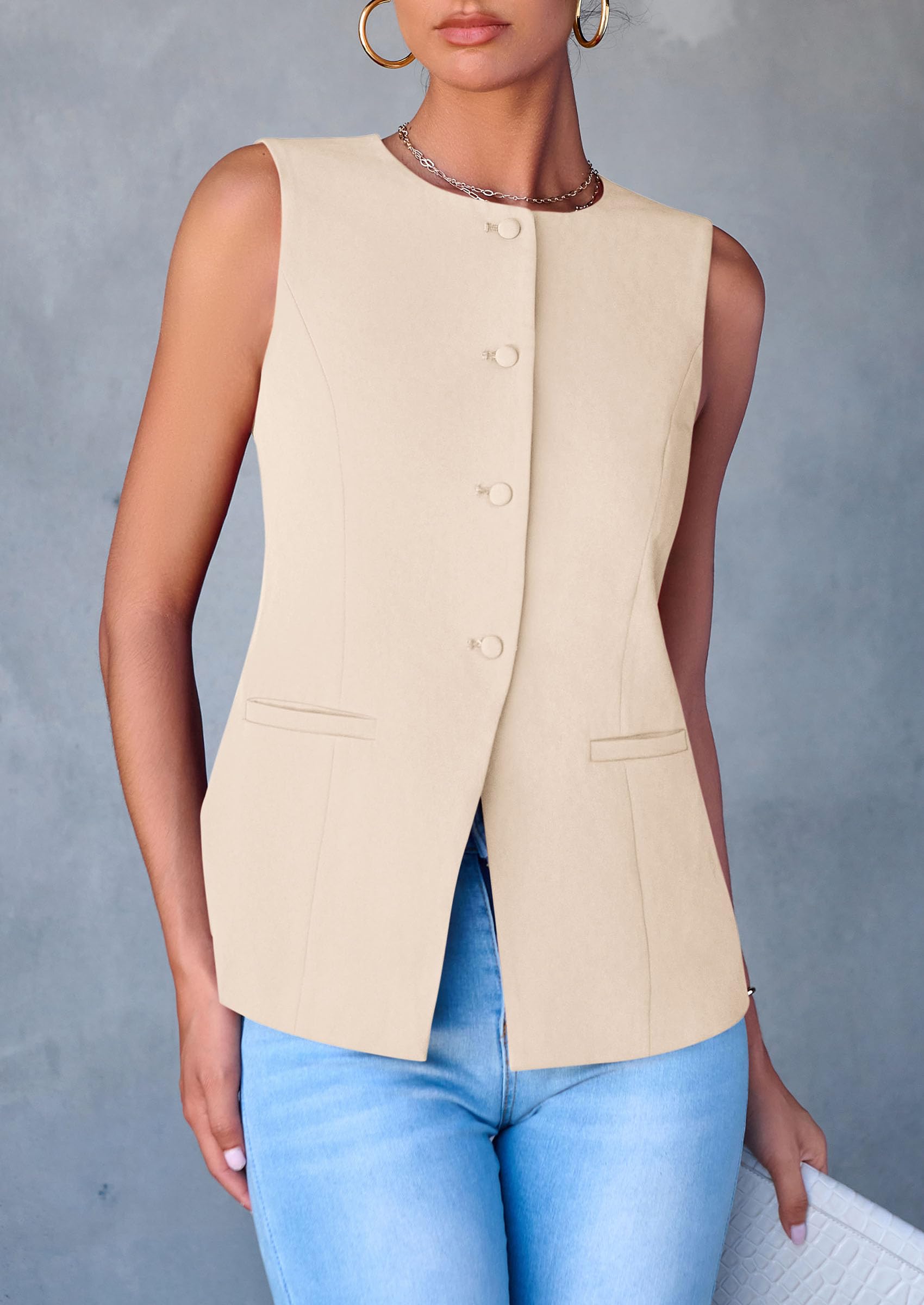 Women Tailored Suit Vest Business Casual Tops, Apricot,M