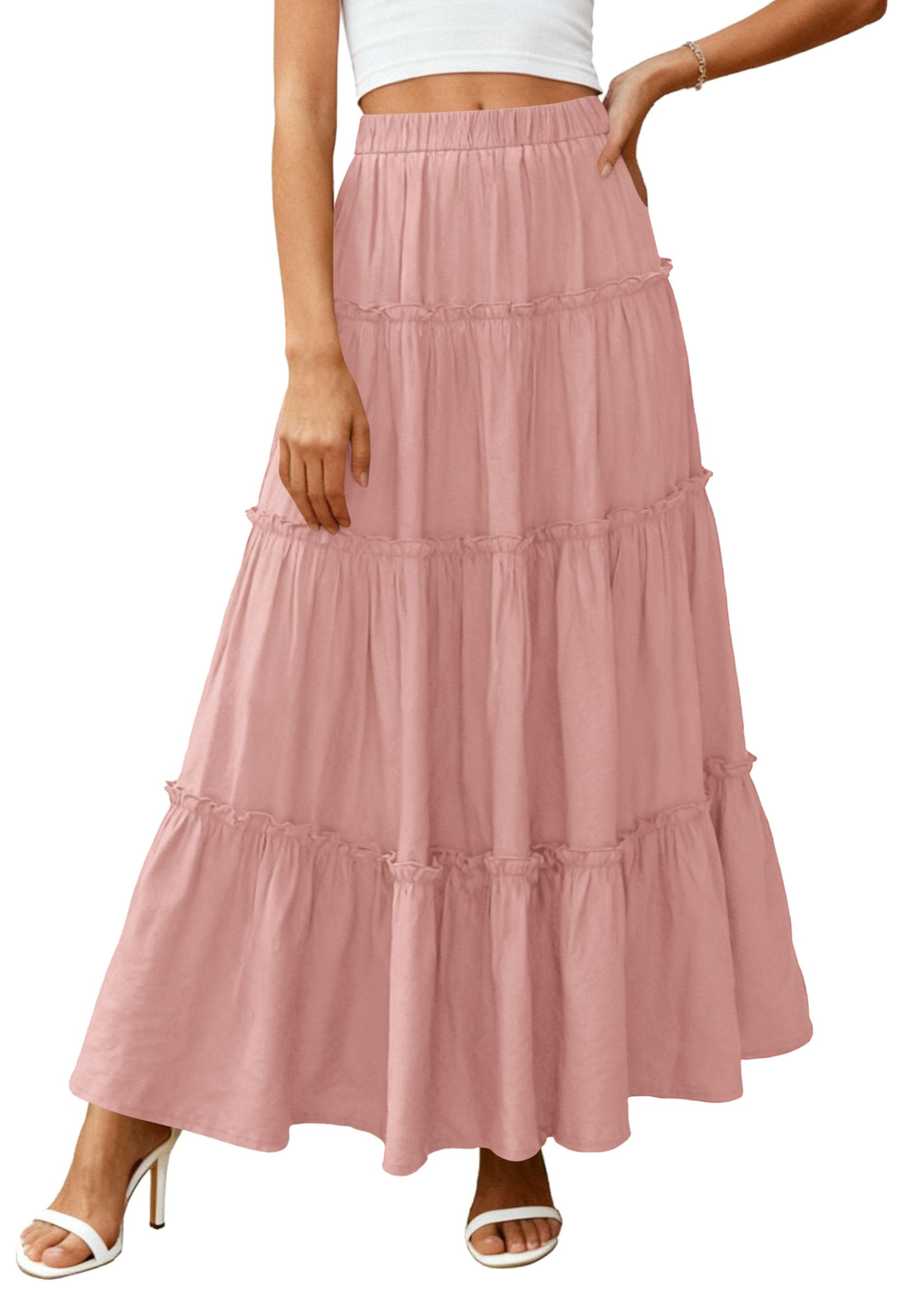 Women's Boho Tiered Ruffle Flowy Maxi Skirt, Pink,S