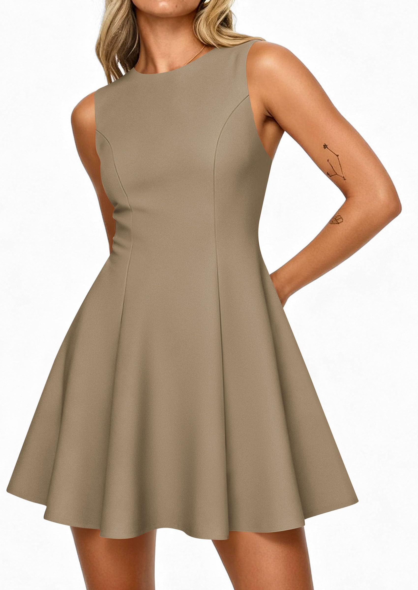 Women's Formal Boat Neck A Line Mini Dress,Khaki,XS
