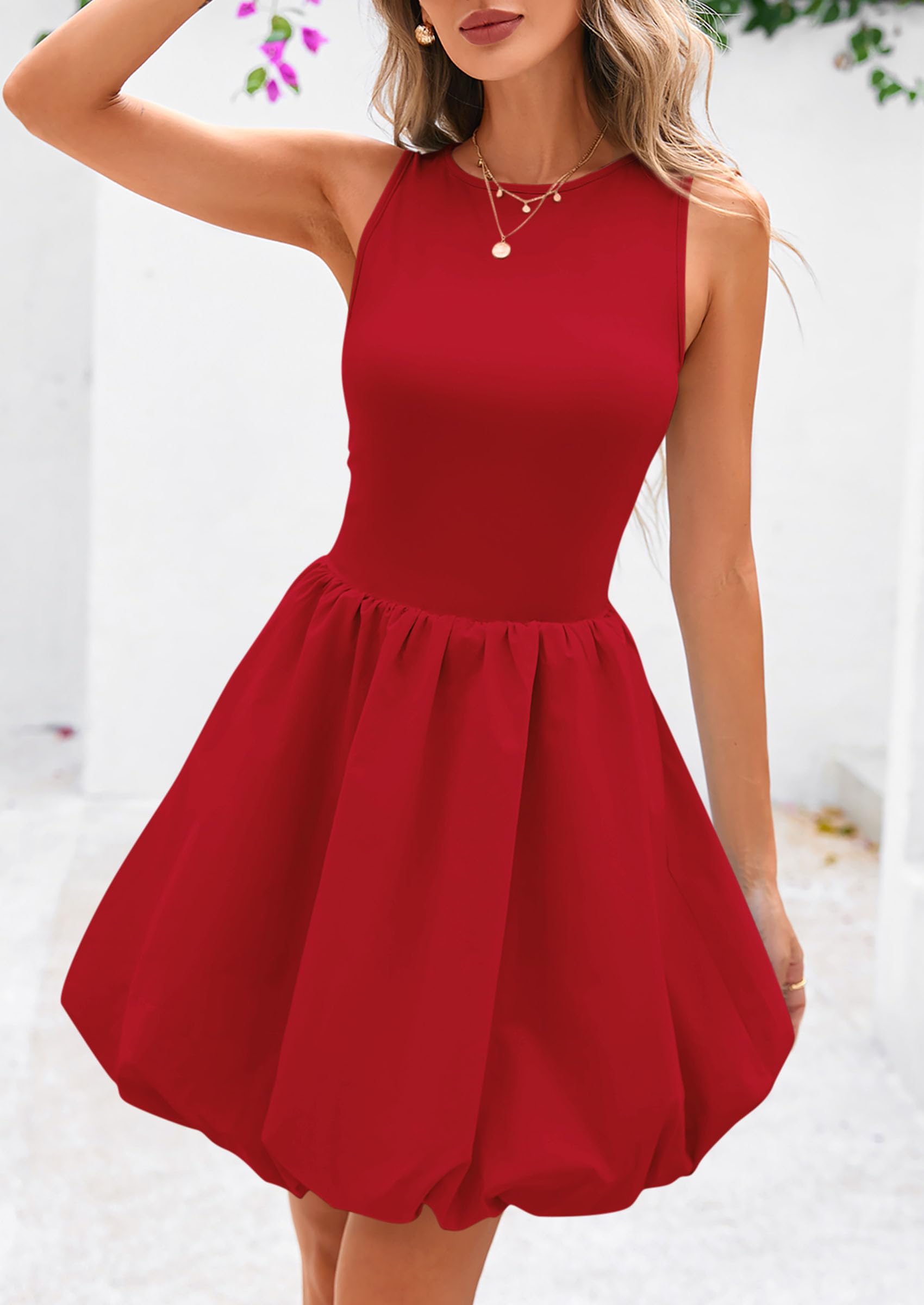 Womens Summer Bubble Sleeveless Mini Dress,Red,S