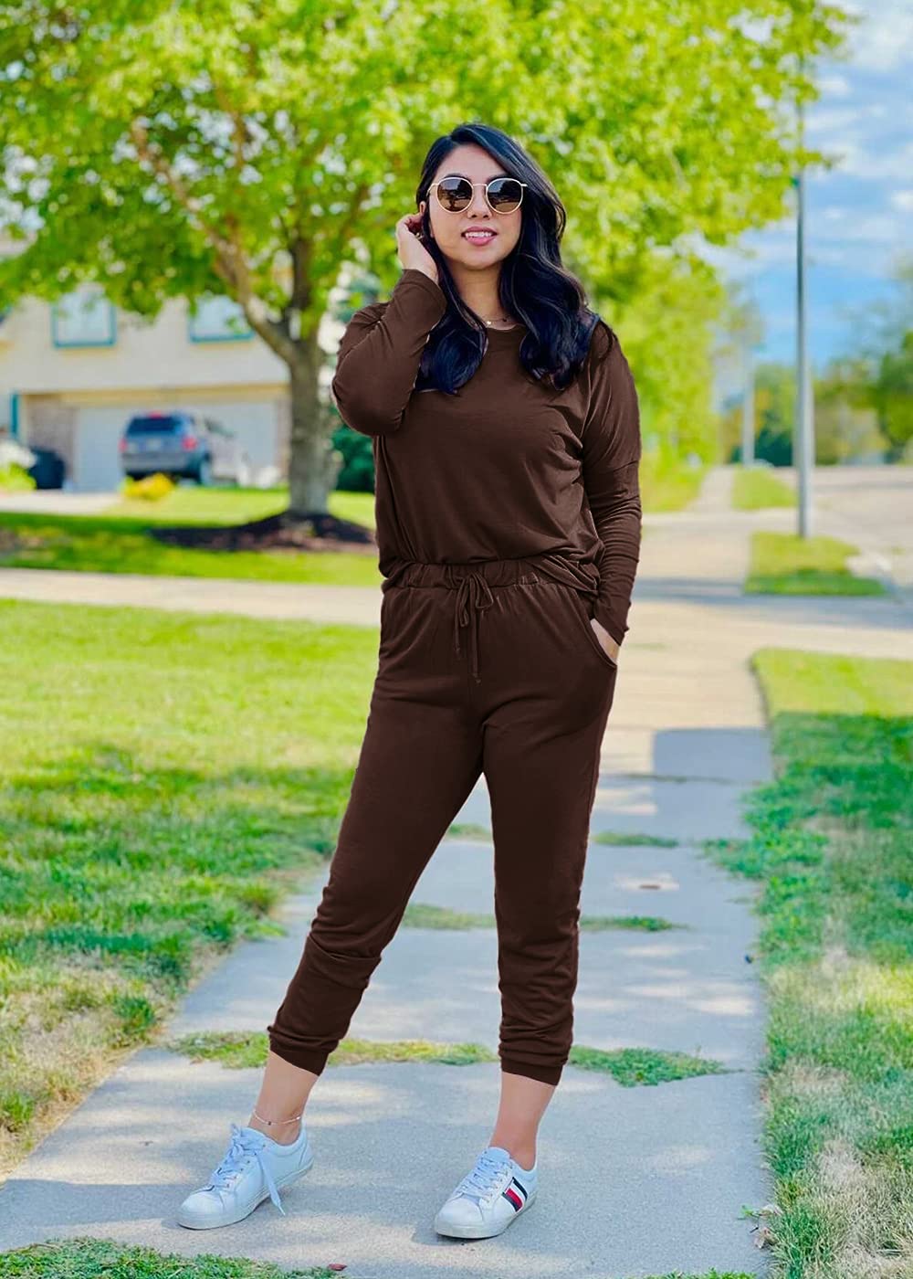 Travel Outfit Women 2 Piece Lounge Sets, Brown,S