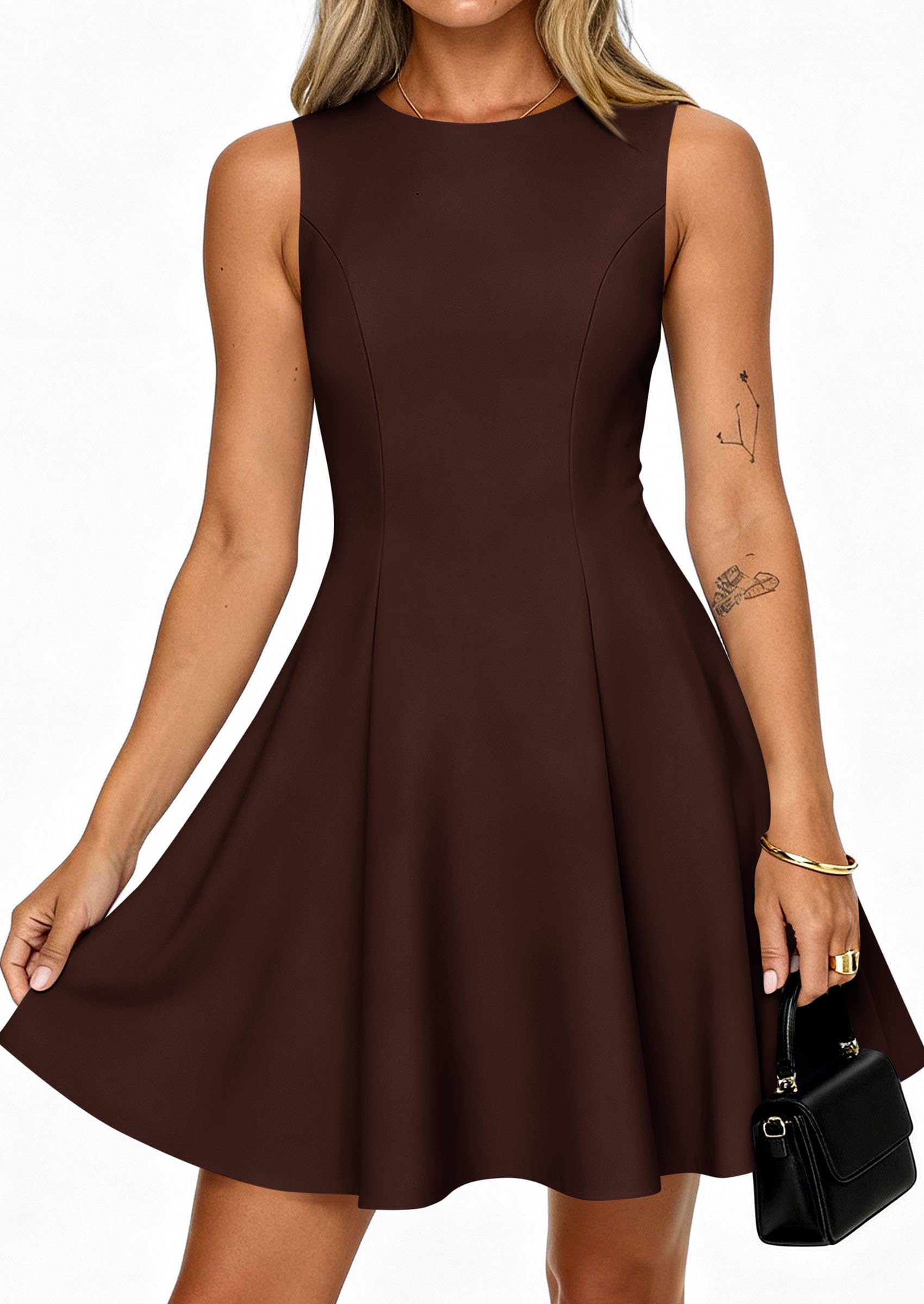 Women's Formal Boat Neck A Line Mini Dress,Brown,XS
