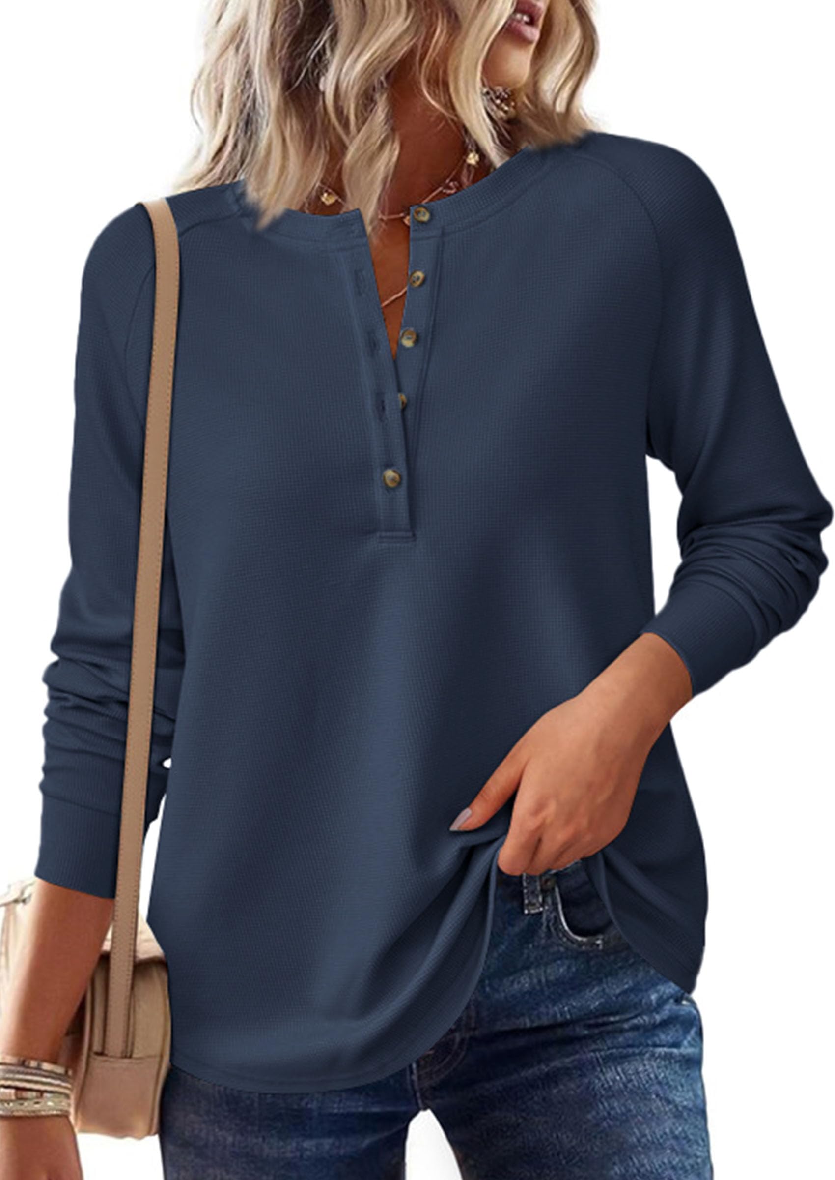 Women's Long Sleeve Waffle Knit Henley Shirts Loose Tunic Tops
