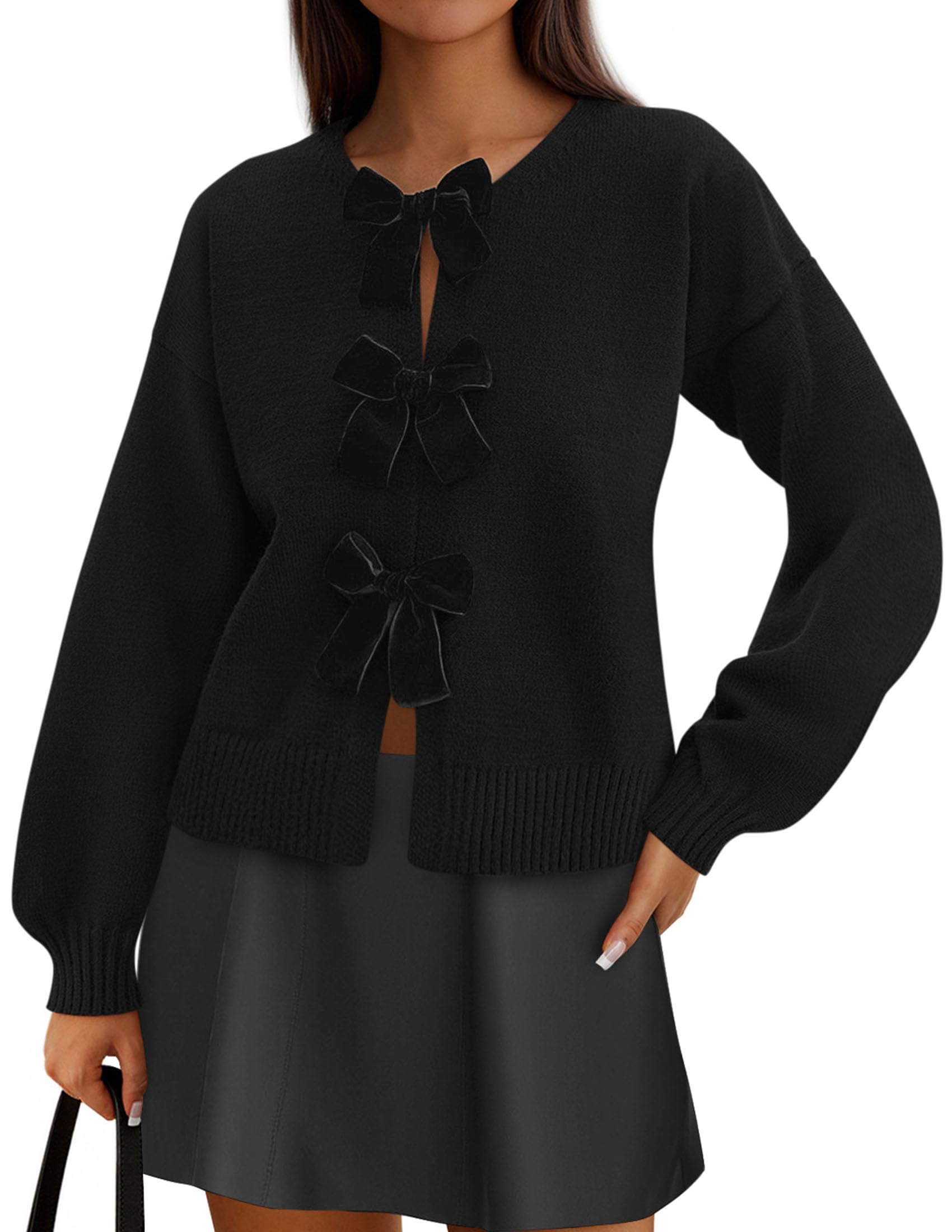 Women's Fall Bow Tie Front Cardigan Sweaters,Black,S