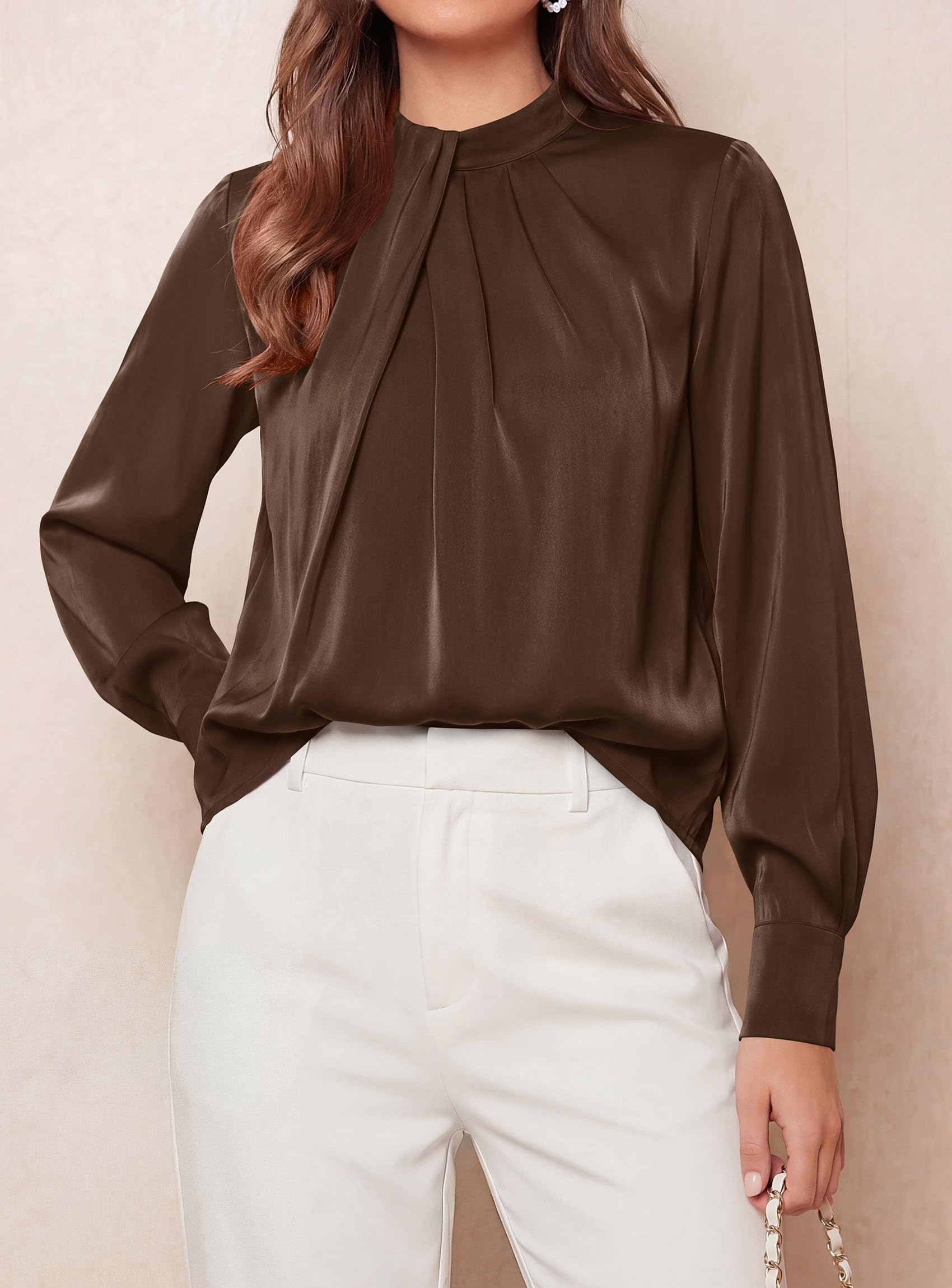 Satin Blouses for Women Dressy Casual Long Sleeve Shirts Brown