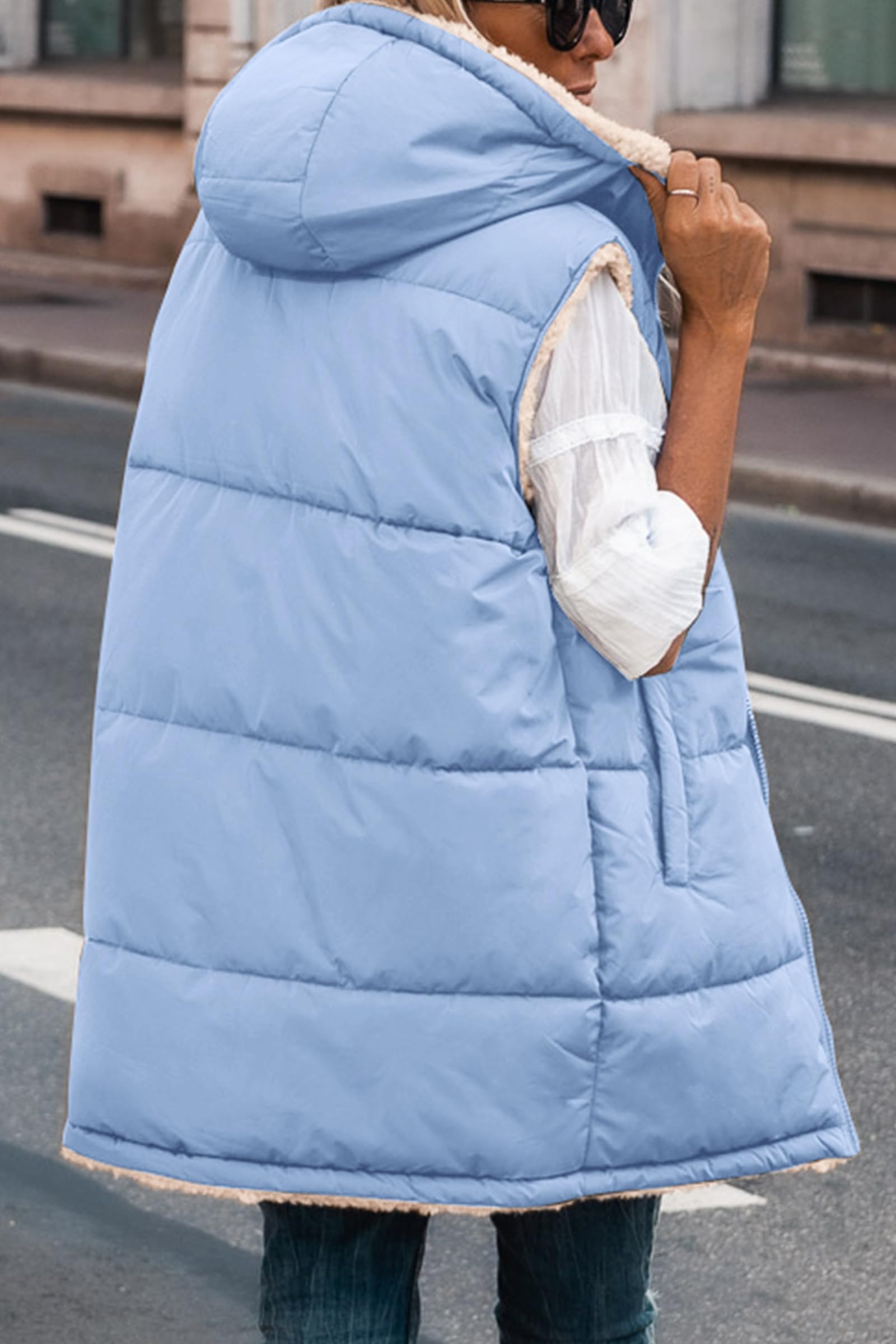 Women's Winter Reversible Fleece Long Vests(Light Blue,S)