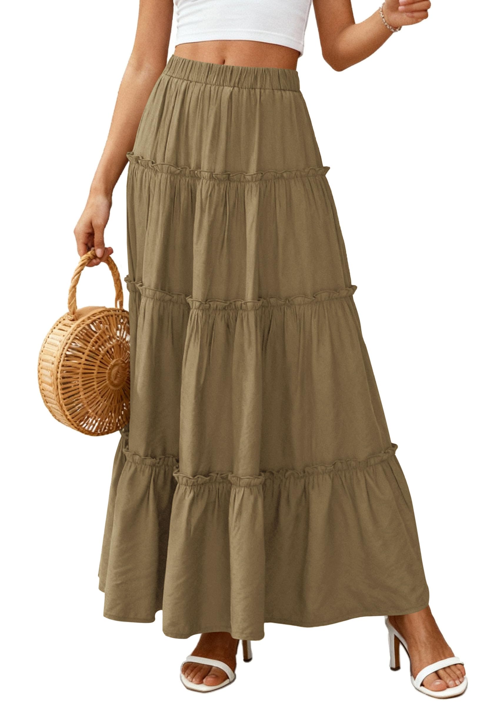 Women's Boho Tiered Ruffle Flowy Maxi Skirt, Army Green,S