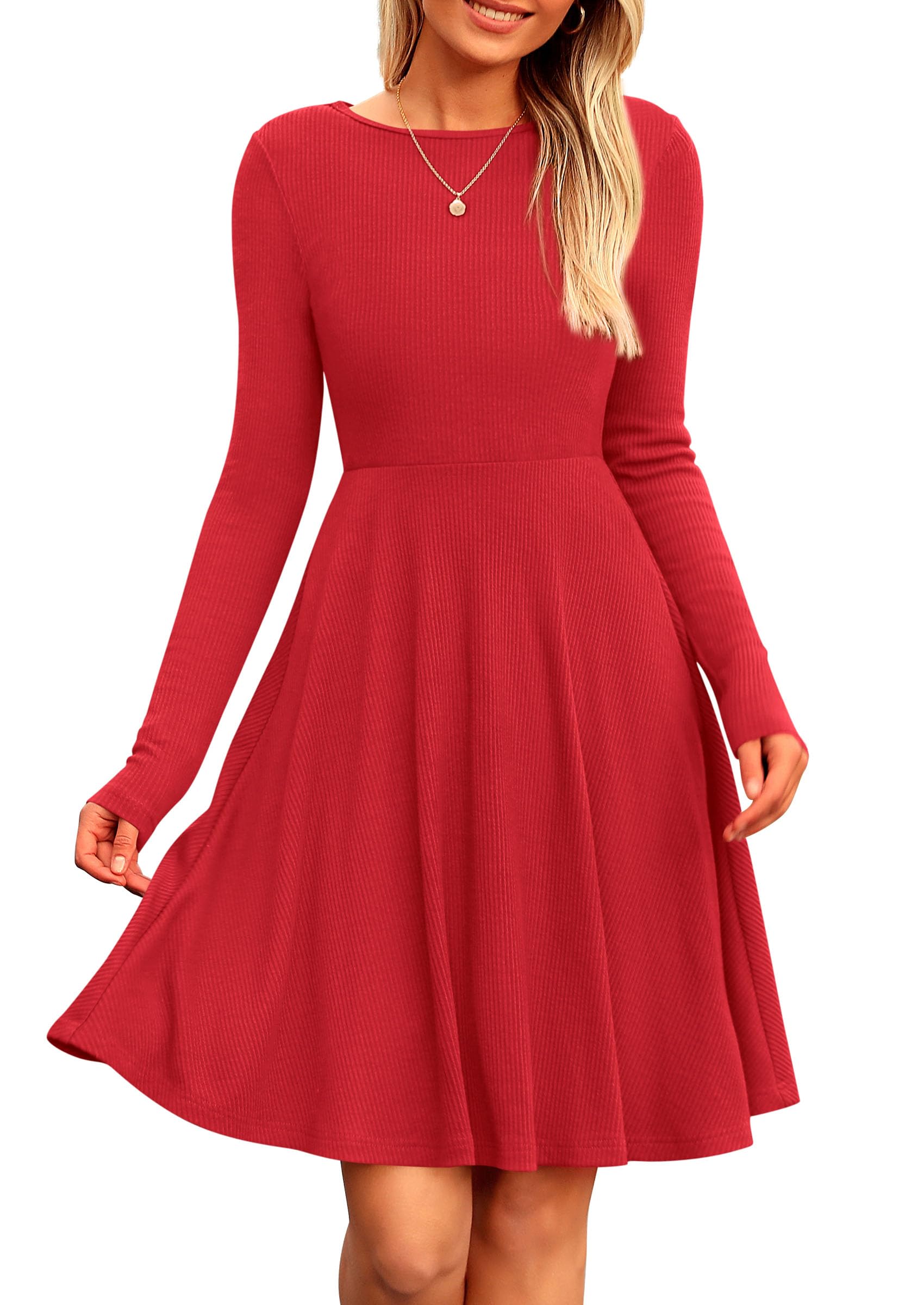 Women's Fall Casual Long Sleeve Short Dress (Red,S)